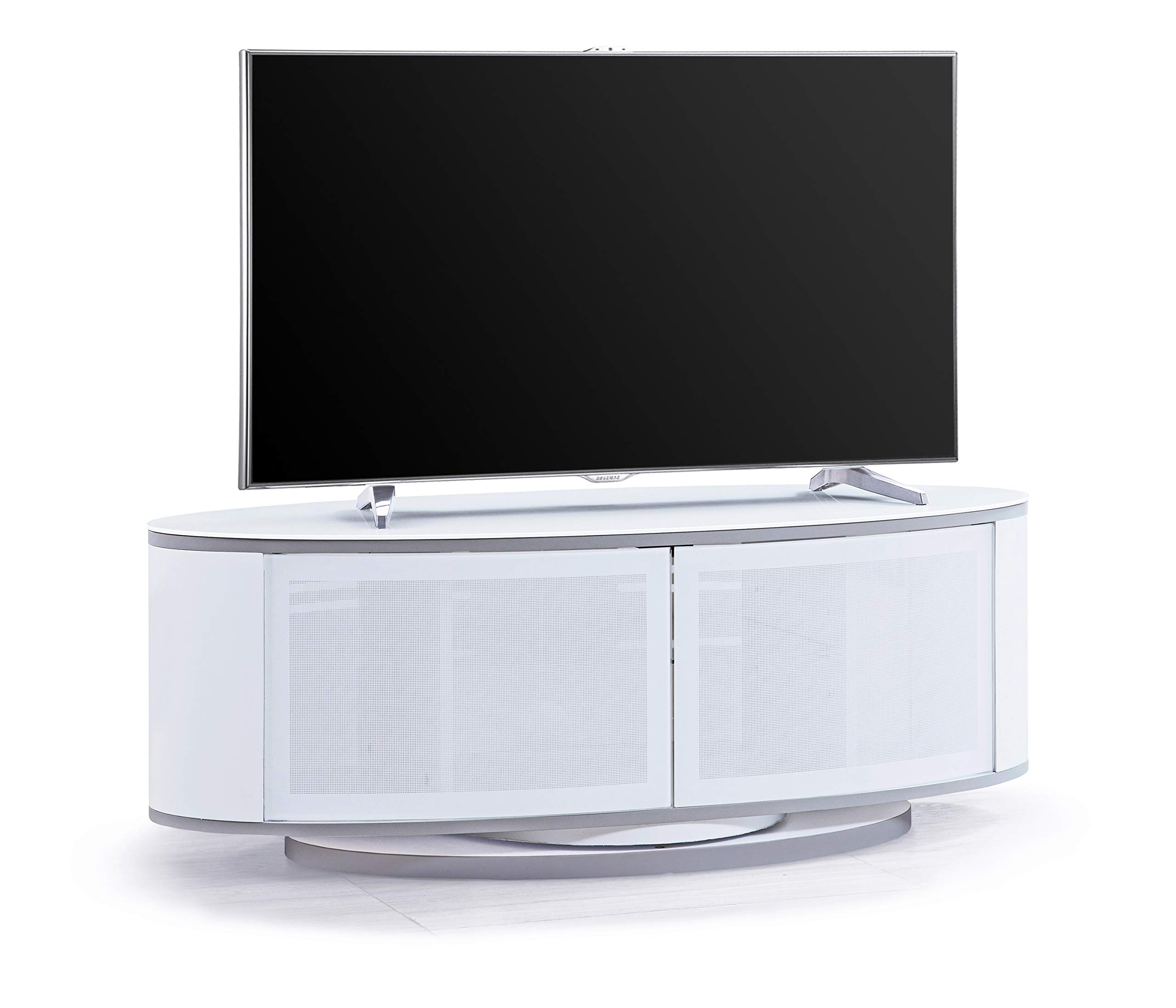 LUNA Gloss White Oval TV Cabinet with White Profiles, BeamThru Glass Doors, Suitable for Flat Screen TVs upto 50”
