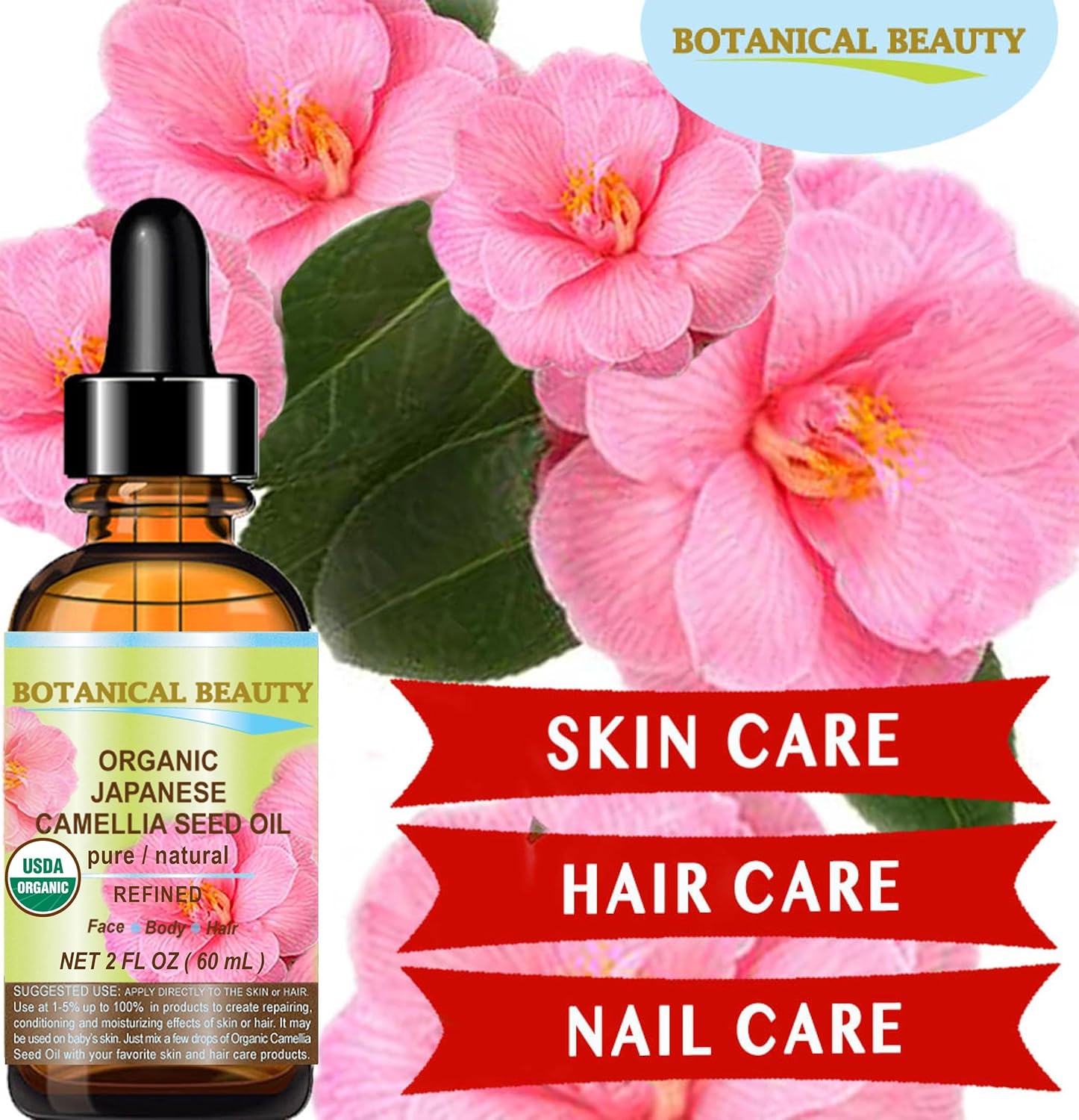 Botanical Beauty Japanese ORGANIC CAMELLIA Seed Oil. 100% Pure Natural Undiluted Refined Cold Pressed Carrier Oil to revitalize and rejuvenate the hair, skin and nails. 0.5 Fl. oz 15 ml - Image 3