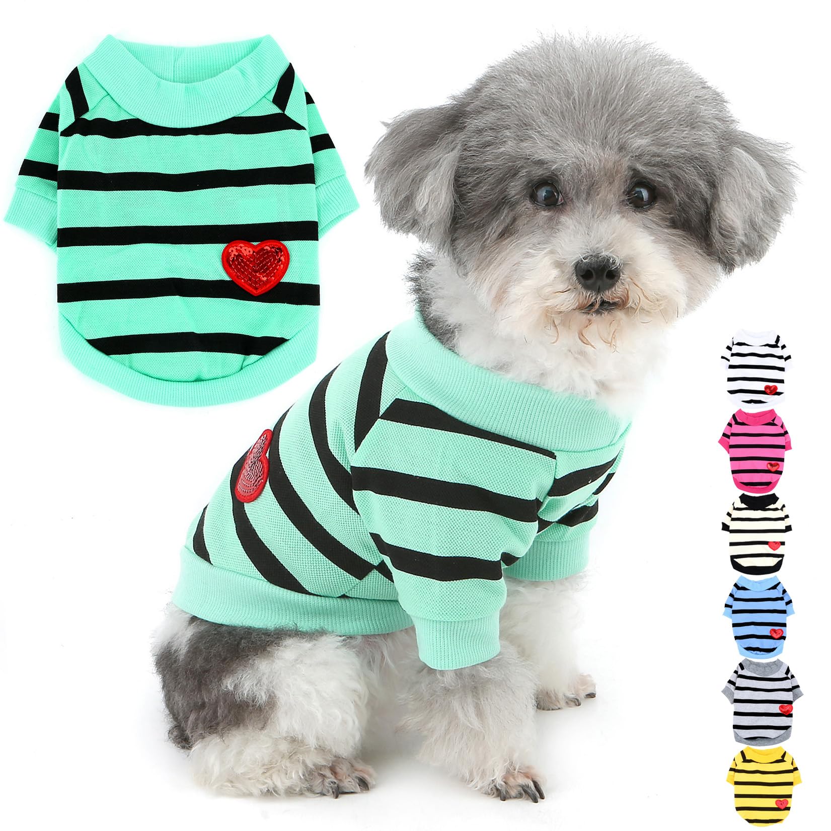 Zunea Dog Shirts for Small Dogs Summer Basic T-Shirt Striped Puppy Clothes Sequins Love Heart Sweatshirt Soft Short Sleeve Tee Shirt Pet Clothing Pullover Chihuahua Apparel Mintblue L โ image 1
