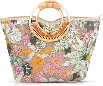 Tote Bag for Women, Beach Bag, Sequin Embroidery Straw Bag, Hand-Woven Rounded Bamboo Handle, Bohemian Handbag Large Capacity Shoulder Bag Suitable for Travel DailyGreen