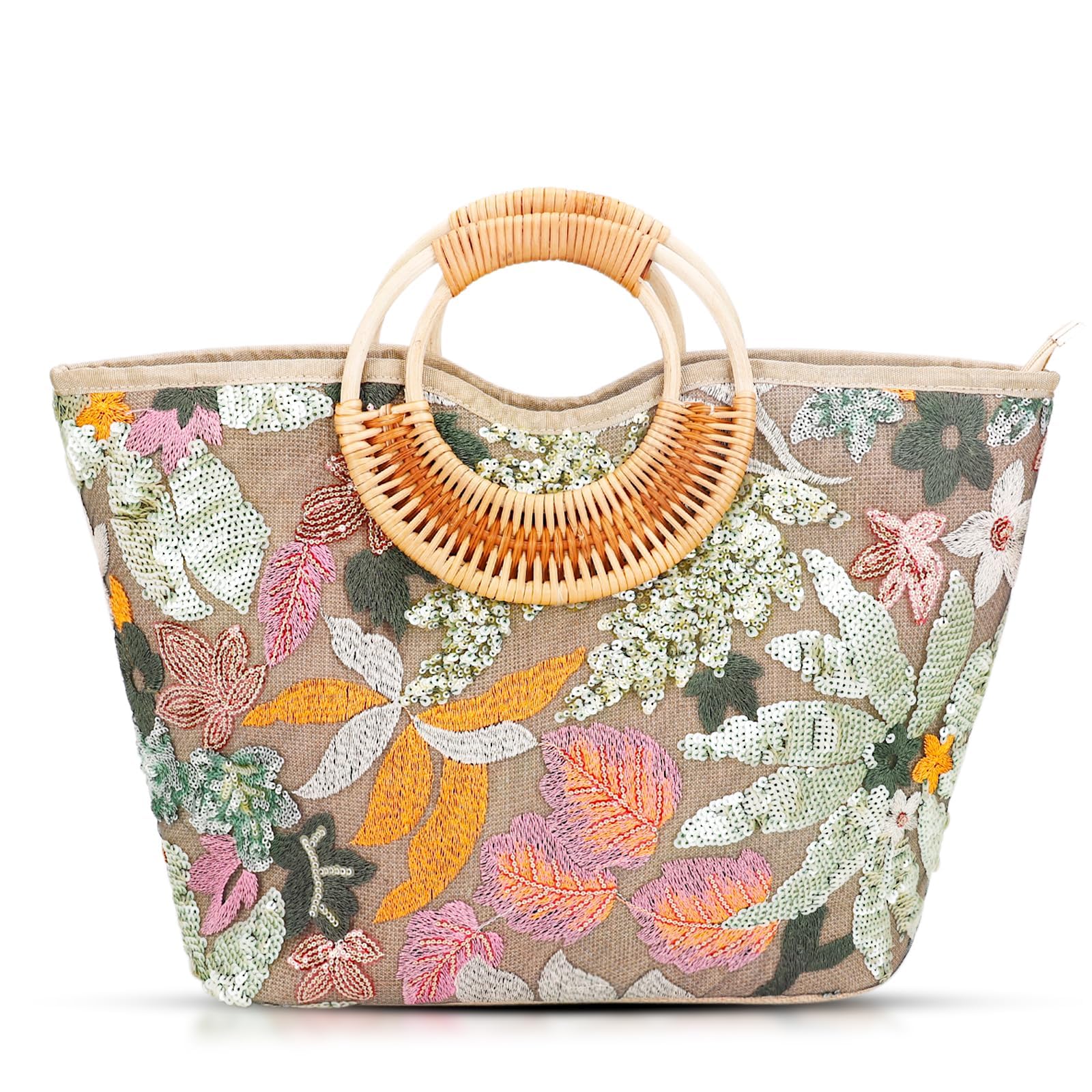 QTKJ Tote Bag for Women, Beach Bag, Sequin Embroidery Straw Bag, Hand-Woven Rounded Bamboo Handle, Bohemian Handbag Large Capacity Shoulder Bag