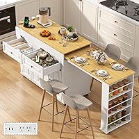 Chartustriable 80-48" Extendable White Kitchen Island Cart with Power Outlet, 2 Drawers & 3-Tier Shelves - Mobile Storage