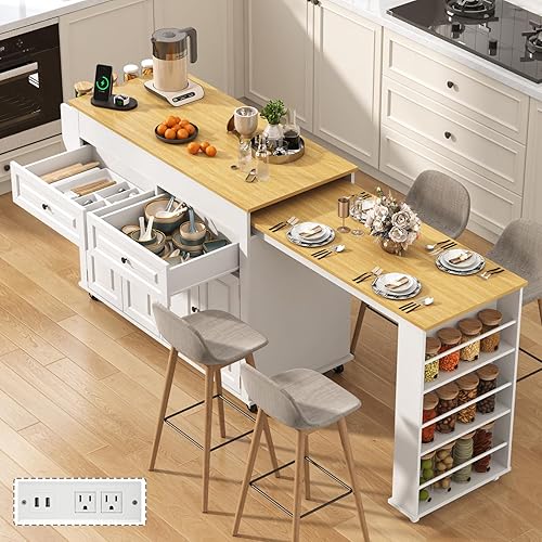 80"-48" Extendable Kitchen Island with Extended Dining Table and Power