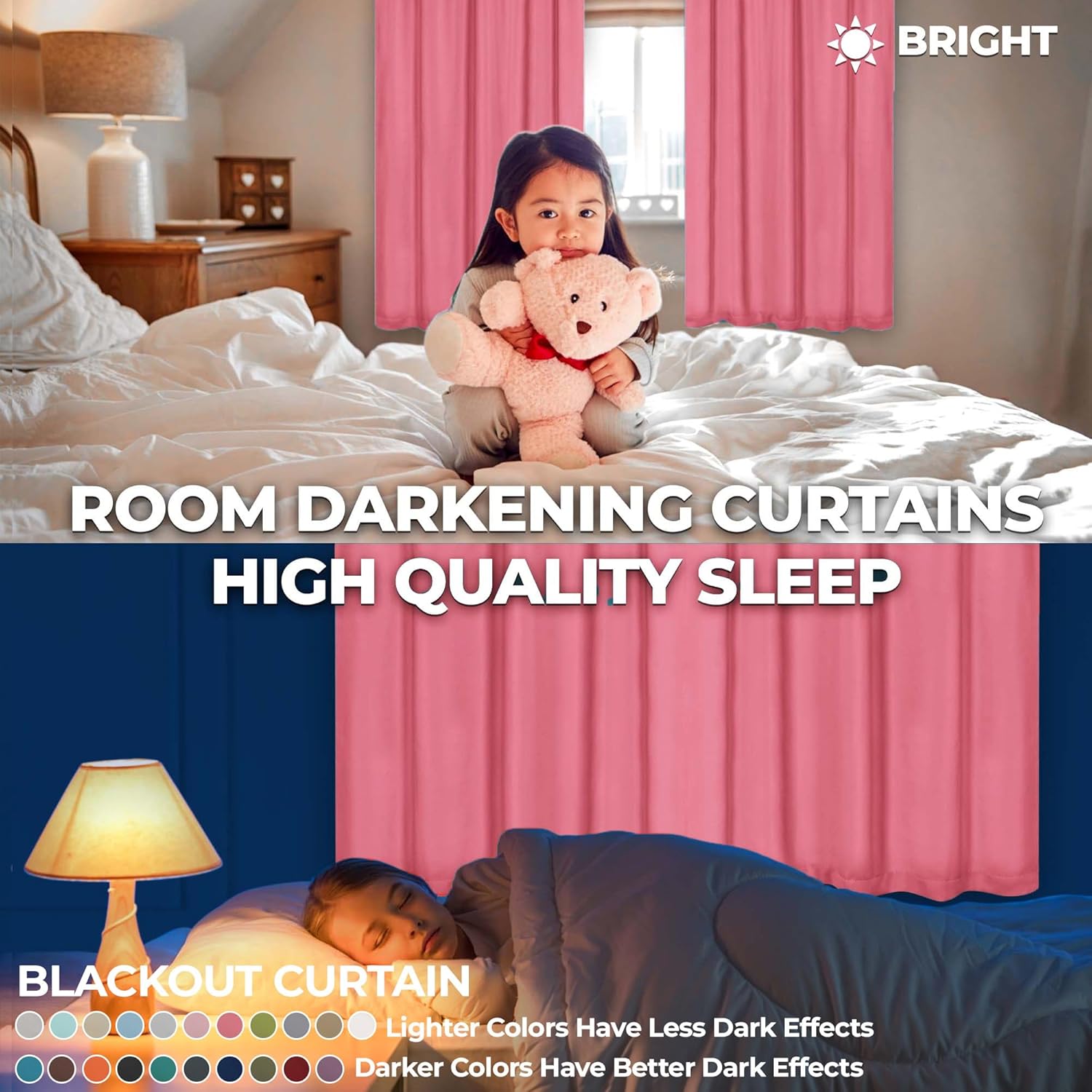 Superior Blackout Curtains, Room Darkening, Bedroom, Drapes, Kitchen, Living Room Window Accents, Sun Blocking, Thermal, 2 Pack, Solid Blackout Curtains, Set of 2, 46" x 84", Pink