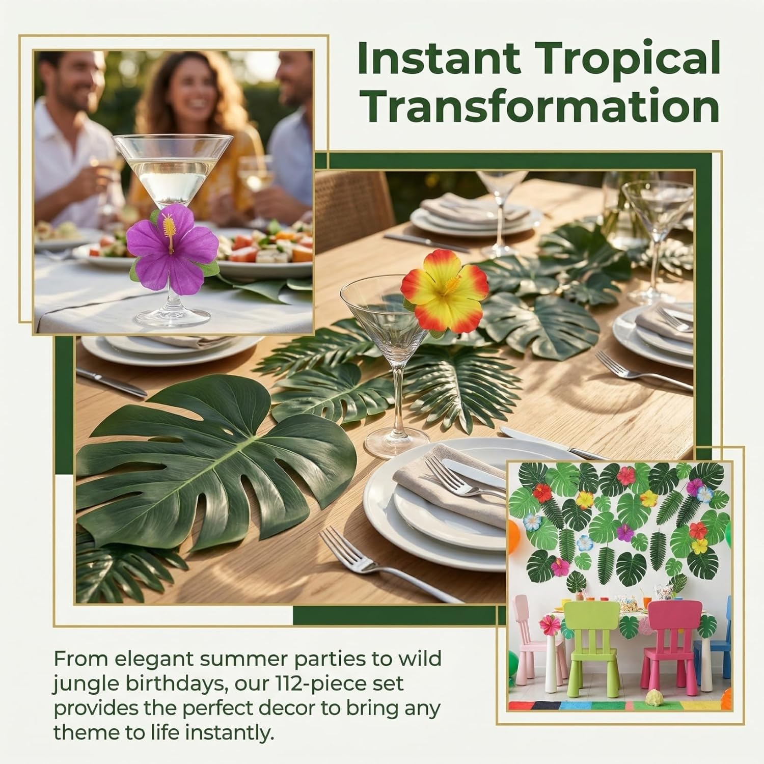 NUOBESTY 112pcs Artificial Palm Leaves with Stems Tropical Party Table Decorations Fake Hibiscus Flowers Monstera Leaf for Jungle Dinosaur Birthday Decor, Hawaiian Luau Supplies