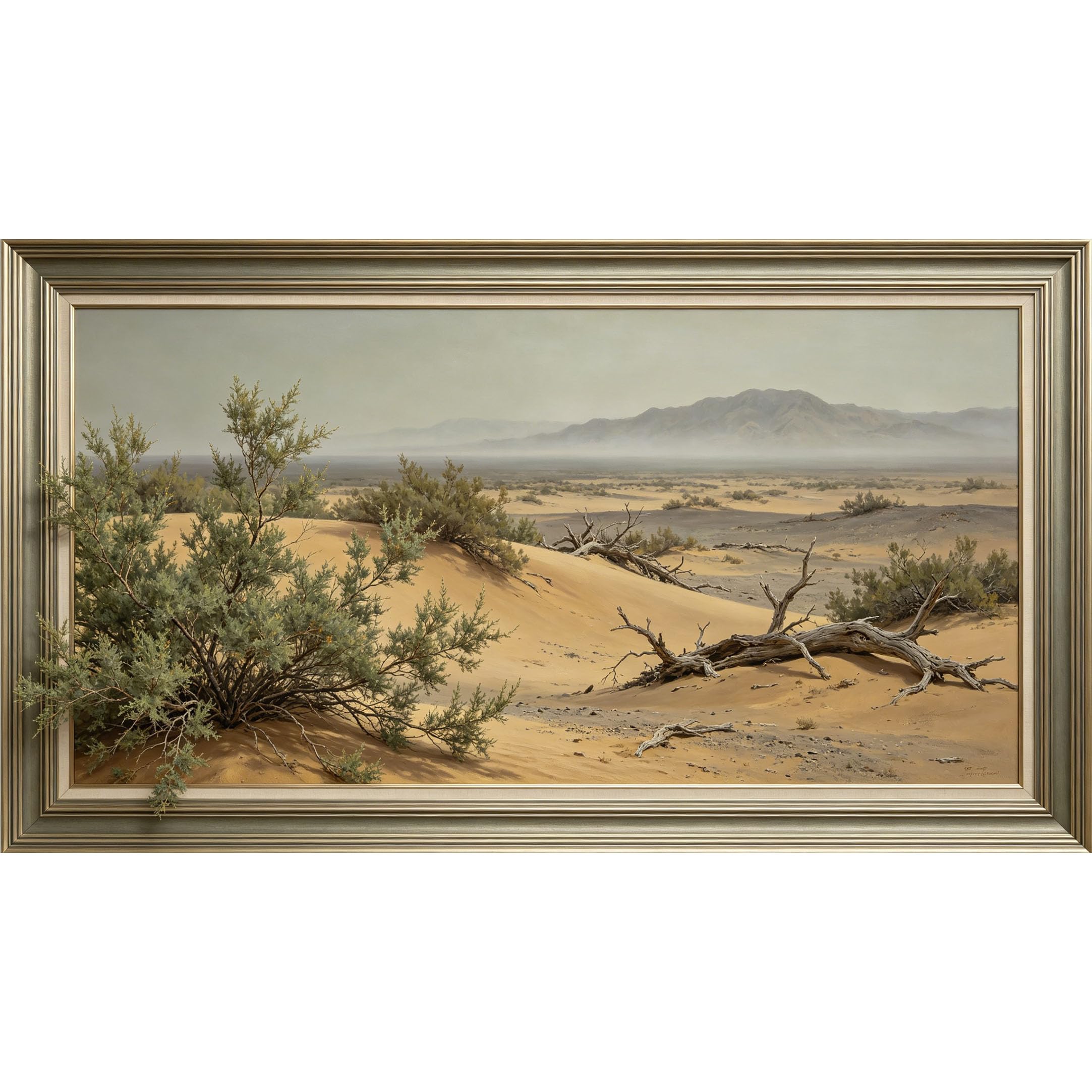 QZLITHOTIC 50x90cm3D Framed Wall Art， Desert Landscape with Sand Dunes and Shrubs Self‑Adhesive Mural， Water‑Activated Peel & Stick Fabric Decor Wall Decal for Bedroom Living Room