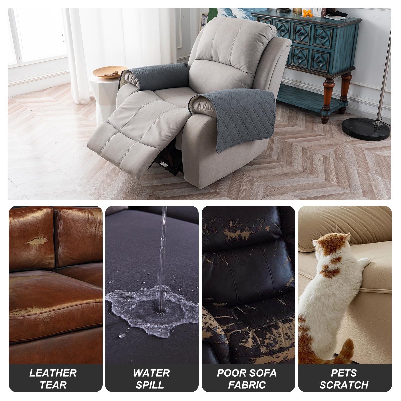 Copribraccioli reclinabili lavabili, per divano, antiscivolo, impermeabili, lavabili, protezioni per mobili, per bambini, cani e animali domestici, grigio scuro (set da 2)