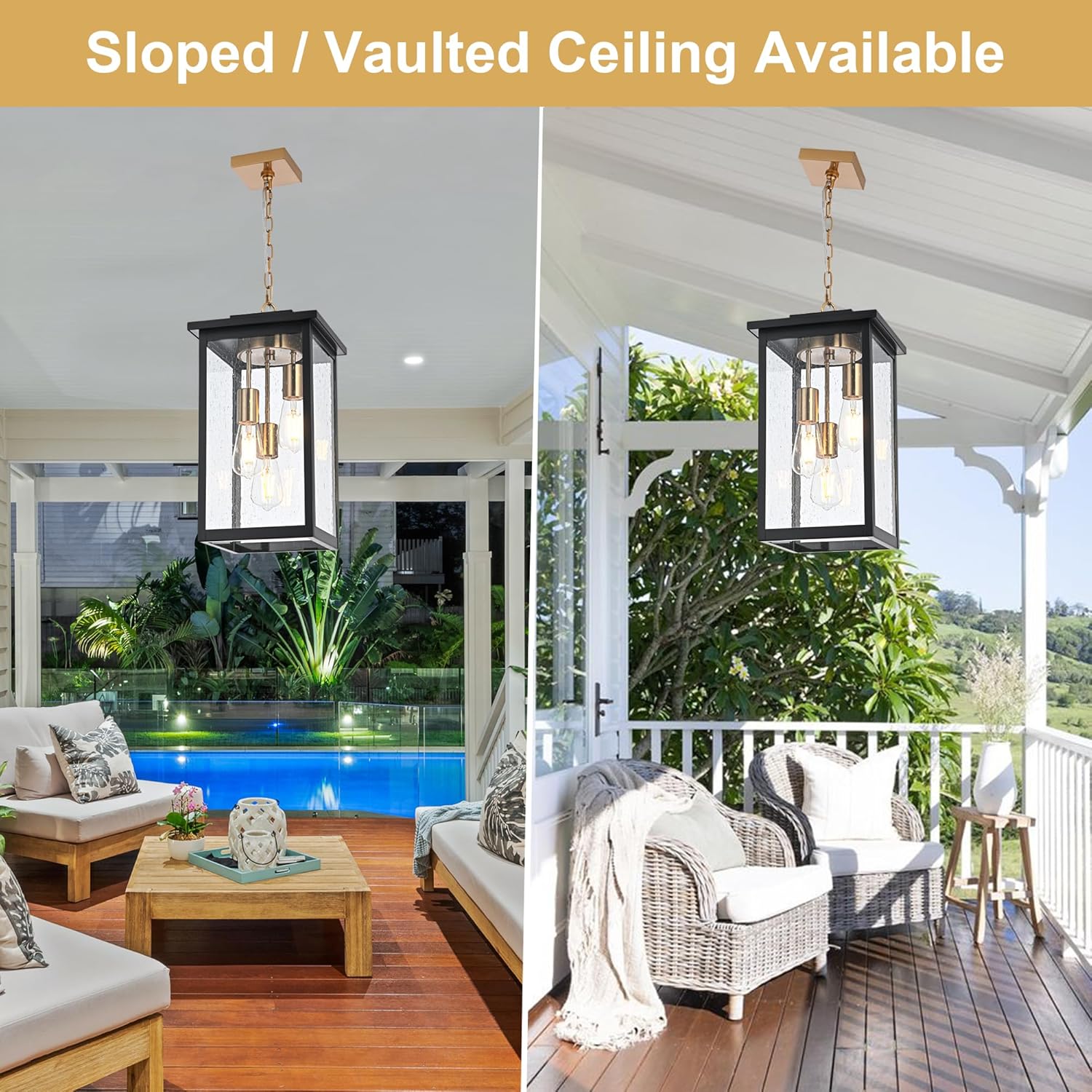 TODOLUZ 3-Lights Large Outdoor Pendant Light, Waterproof Exterior Height Adjustable Hanging Lighting with Seeded Glass Panel & E26 Bulb Base, Modern Porch Ceiling Lamp for Porch Patio Garden