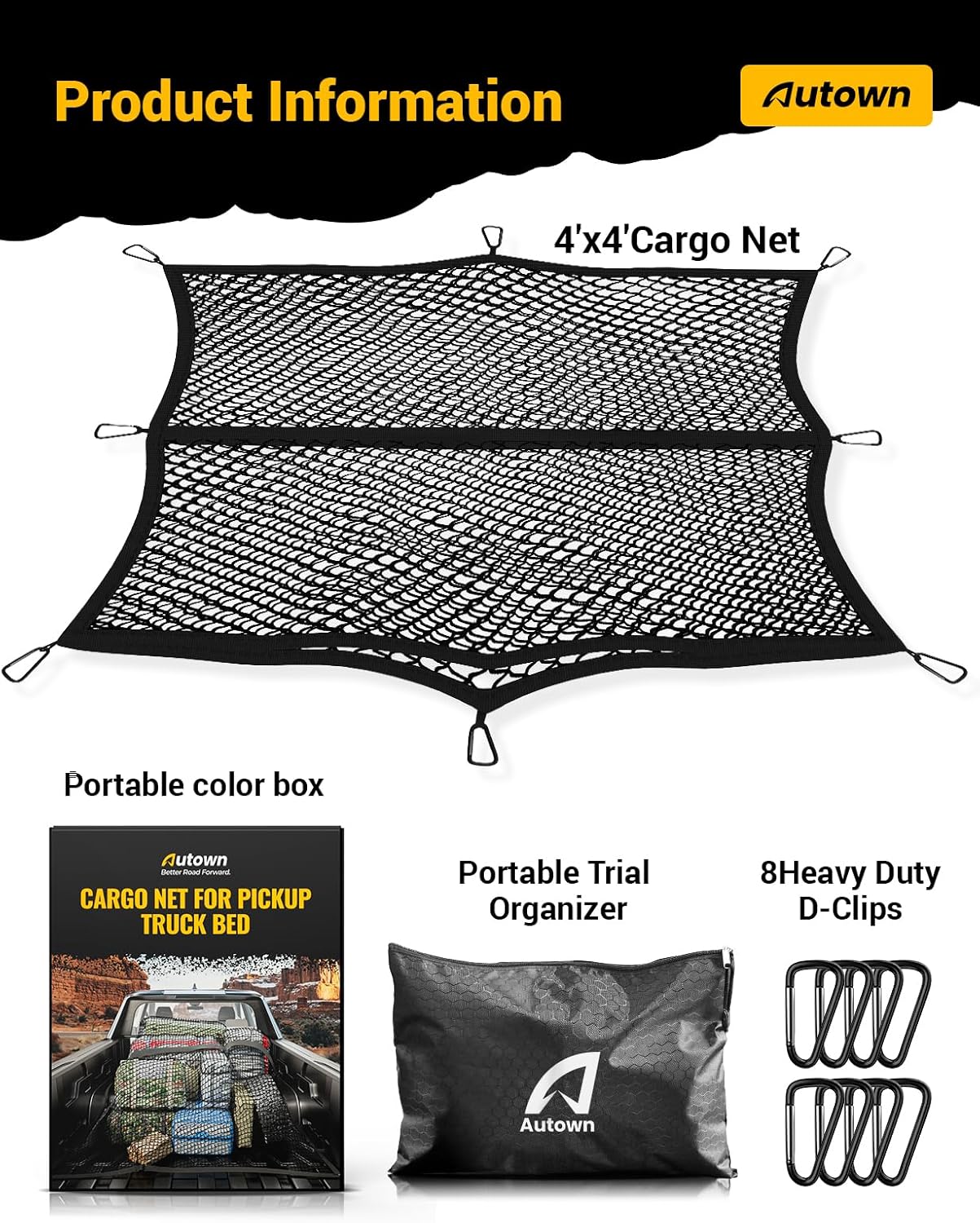 AUTOWN Cargo Net for Pickup Truck Bed - Stretchable 4'x4' to 7'x7', High Elastic Fine Mesh 1''x1'' with 8 Metal Carabiners - Ideal for ATV, SUV, UTV, Truck and Boat Use (Double Layer)