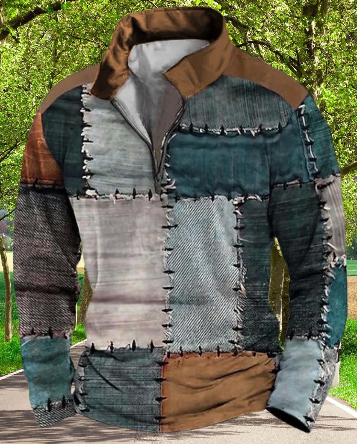 Mens Retro Large Size Long Sleeve Shirt Fashion Zipper Pullover Plaid Patchwork Street Top Create Trendy Street Style - Image 4