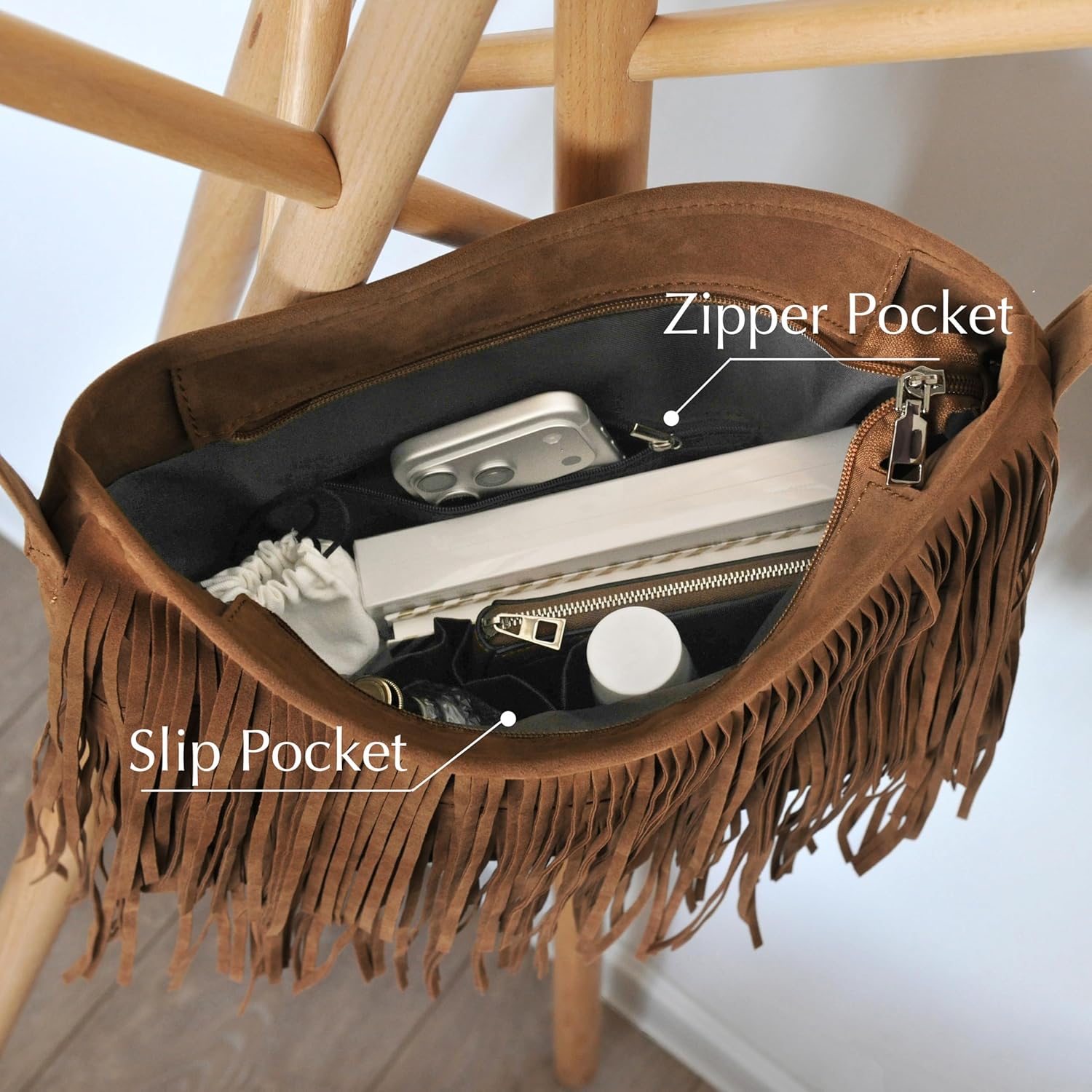 HOXIS Tassel Faux Suede Leather Hobo Cross Body Shoulder Bag Womens Sling Bag - Image 5