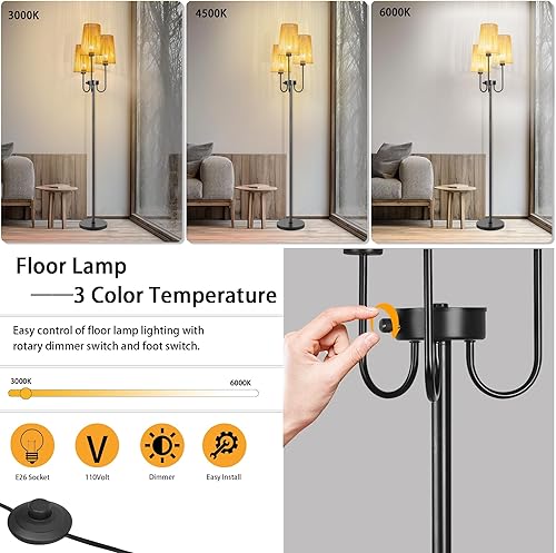 Miniatura 2 de Lámpara de pie bohemia para sala de estar, 3 lámparas de pie de granja con pantalla de ratán y bombillas LED de 7 W, lámpara alta de pie de árbol