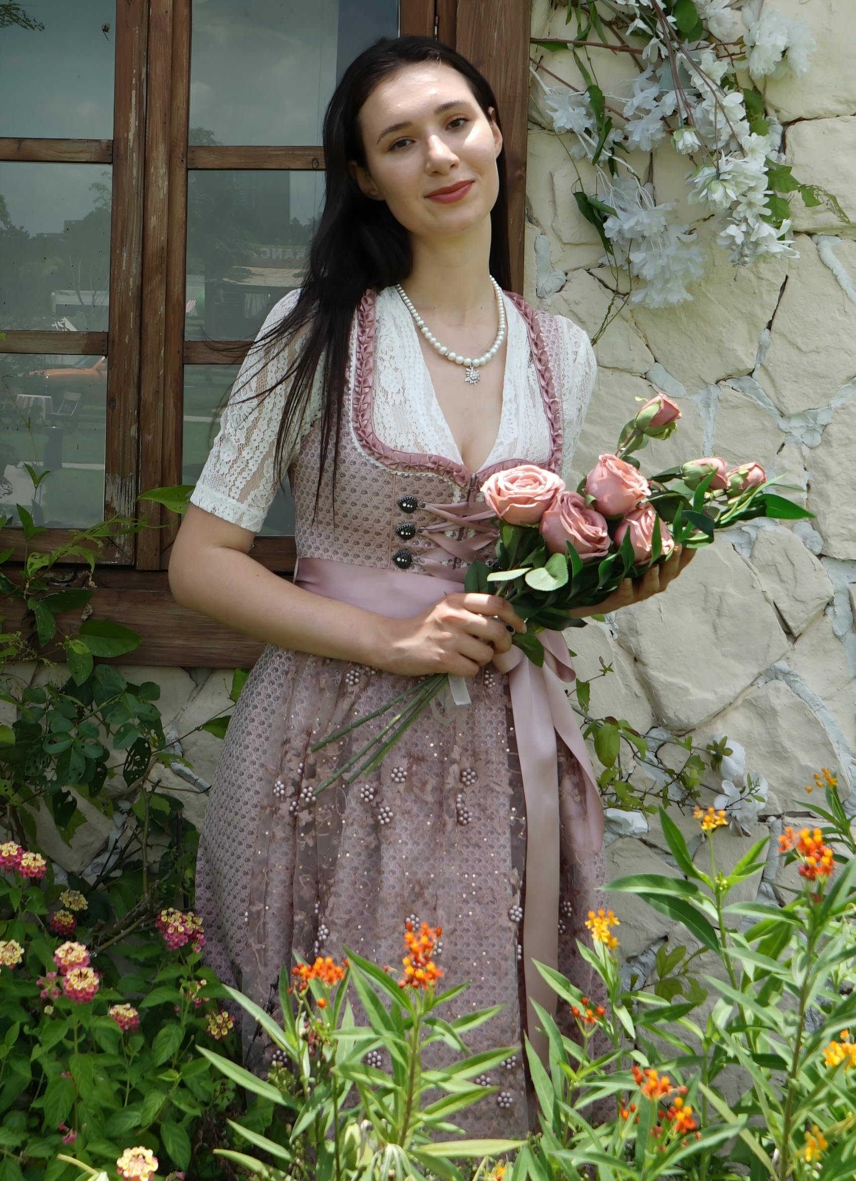Dirndl Damen, Exklusive Dirndlkleider Damen Elegant 2tlg.60cm | Midi,Hochwertig,Blau/Rosa/Grau/Grün,Traditionell Bavarian,Trachtenrock,Dirndlschürzen,Mädchen,Größe 34-44 (Ohne Dirndlbluse)