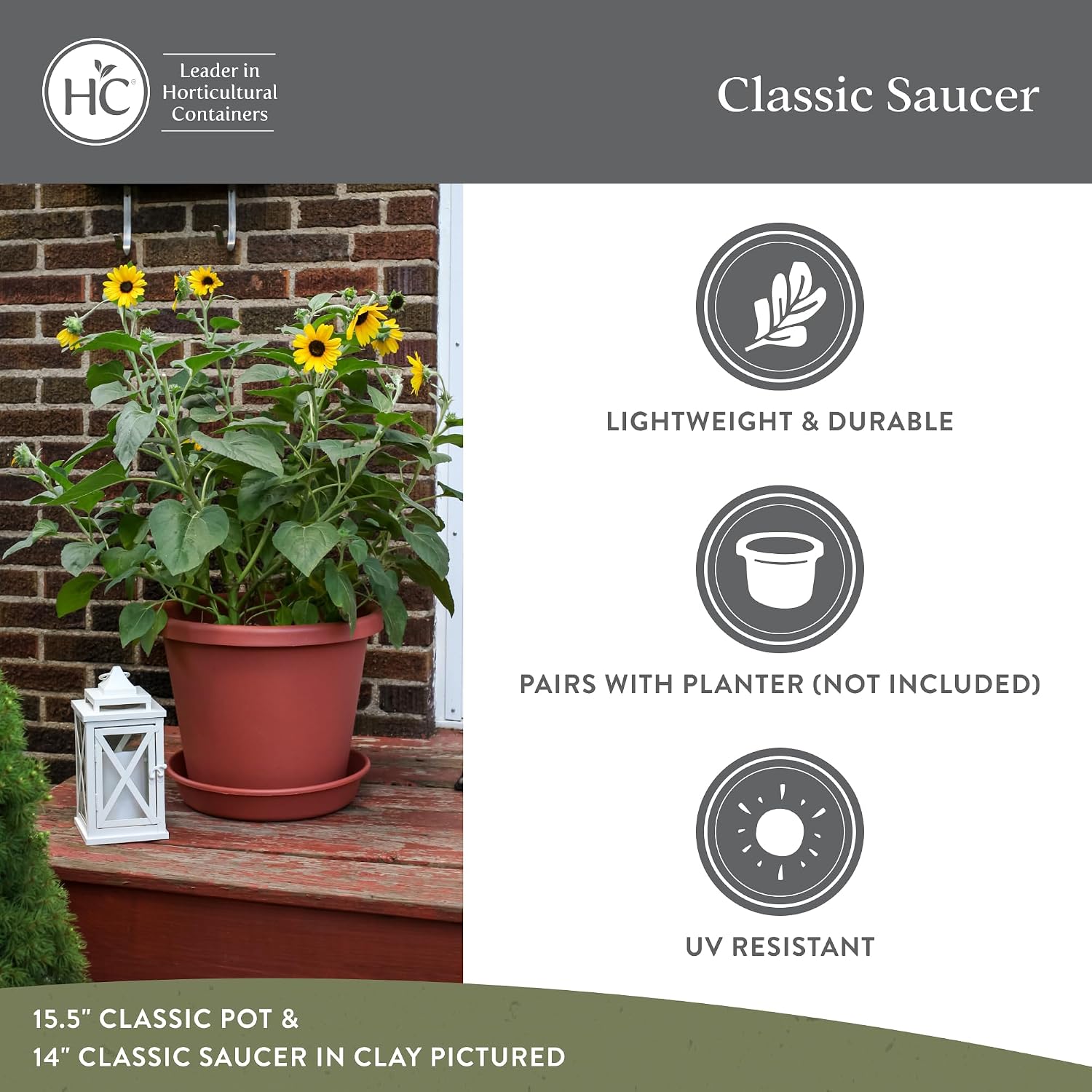 The HC Companies 14 Inch Classic Round Plant Saucer, Lightweight UV-Resistant Plastic Outdoor & Indoor Flower Pot Tray, 2-Pack Plant Pot Trays for Garden & Home Decor, Warm Gray