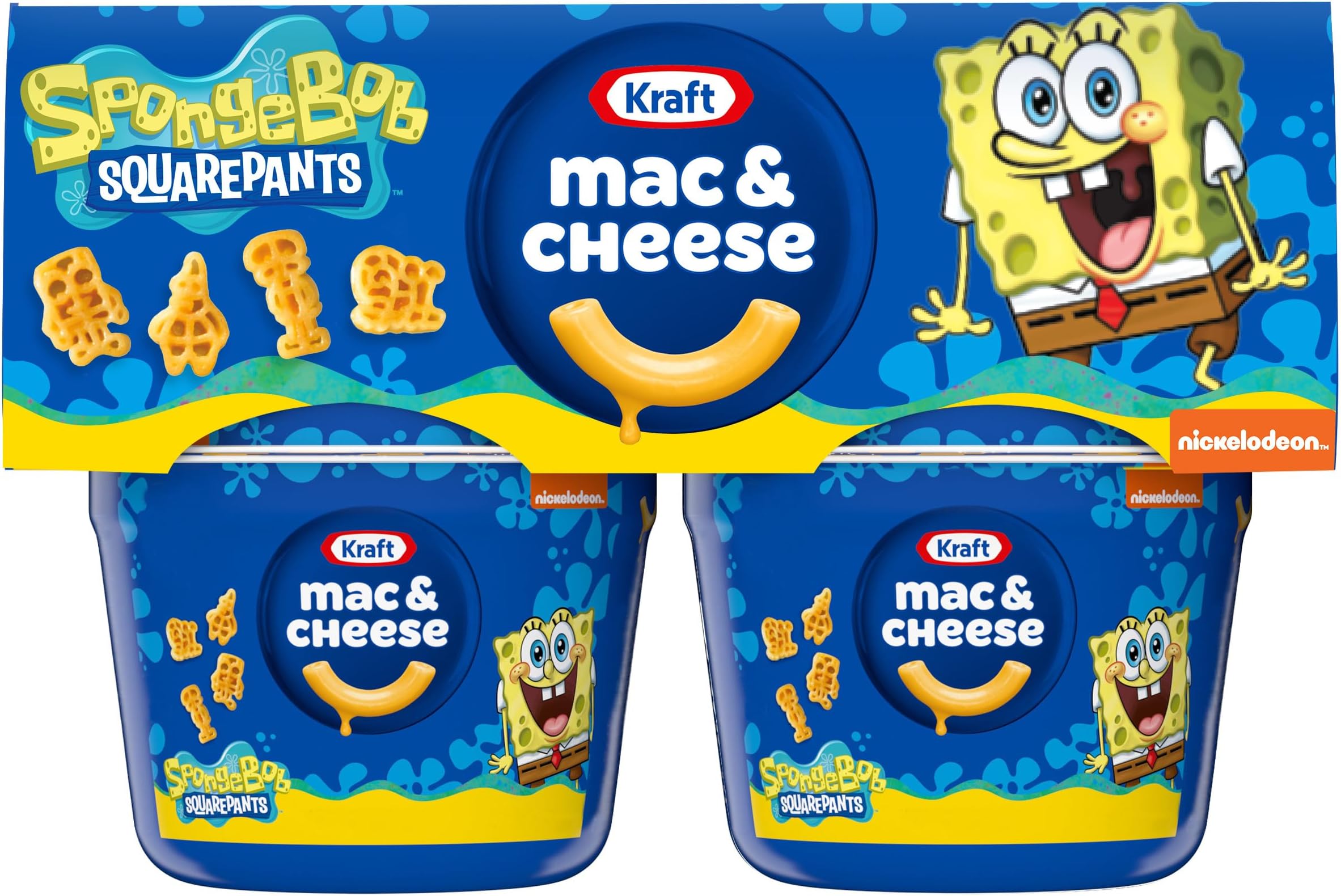 Kraft SpongeBob SquarePants Mac and Cheese, 4 Cups, for Easy Dinner or Dinner Sides, Original Flavor, No Artificial Flavors, Preservatives or Dyes, 1.9 oz