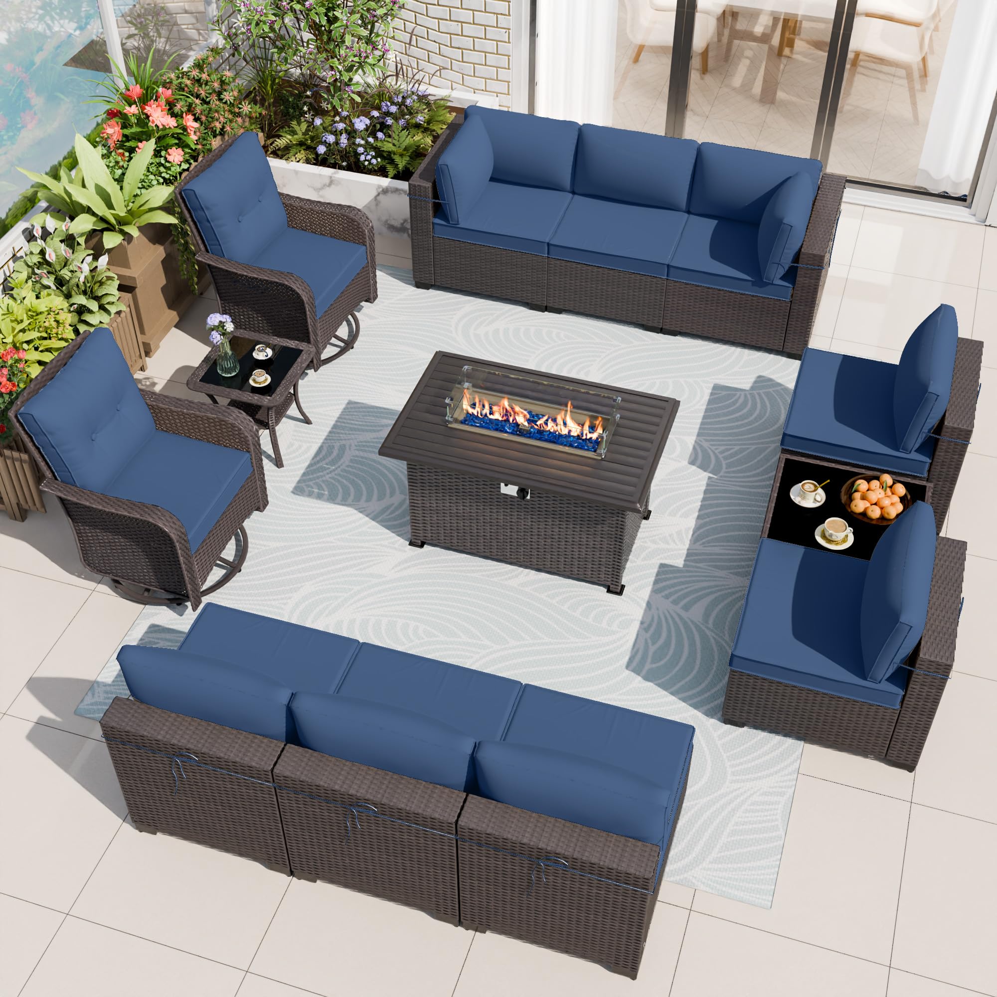 ALAULM13 Pieces Patio Furniture Set with 2 Swivel Chairs Patio Furniture Outdoor Sectional Sofas with 55000 Gas Fire Pit Patio Conversation Set w/10 Cushions-Dark Blue