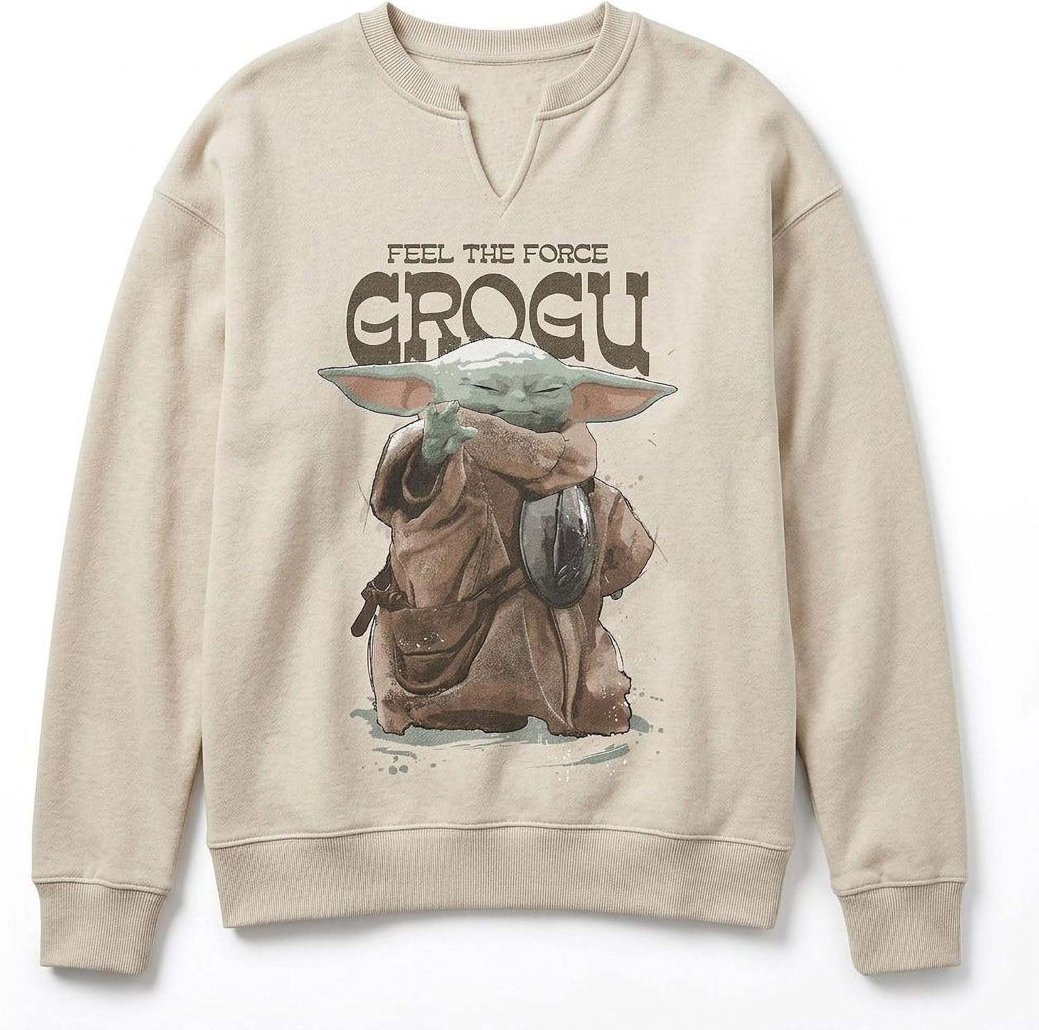 STAR WARS Women's Star Wars: the Mandalorian and Grogu Officially Licensed Feel the Force Fleece Sweatshirt Juniors Notch Neck Pullover