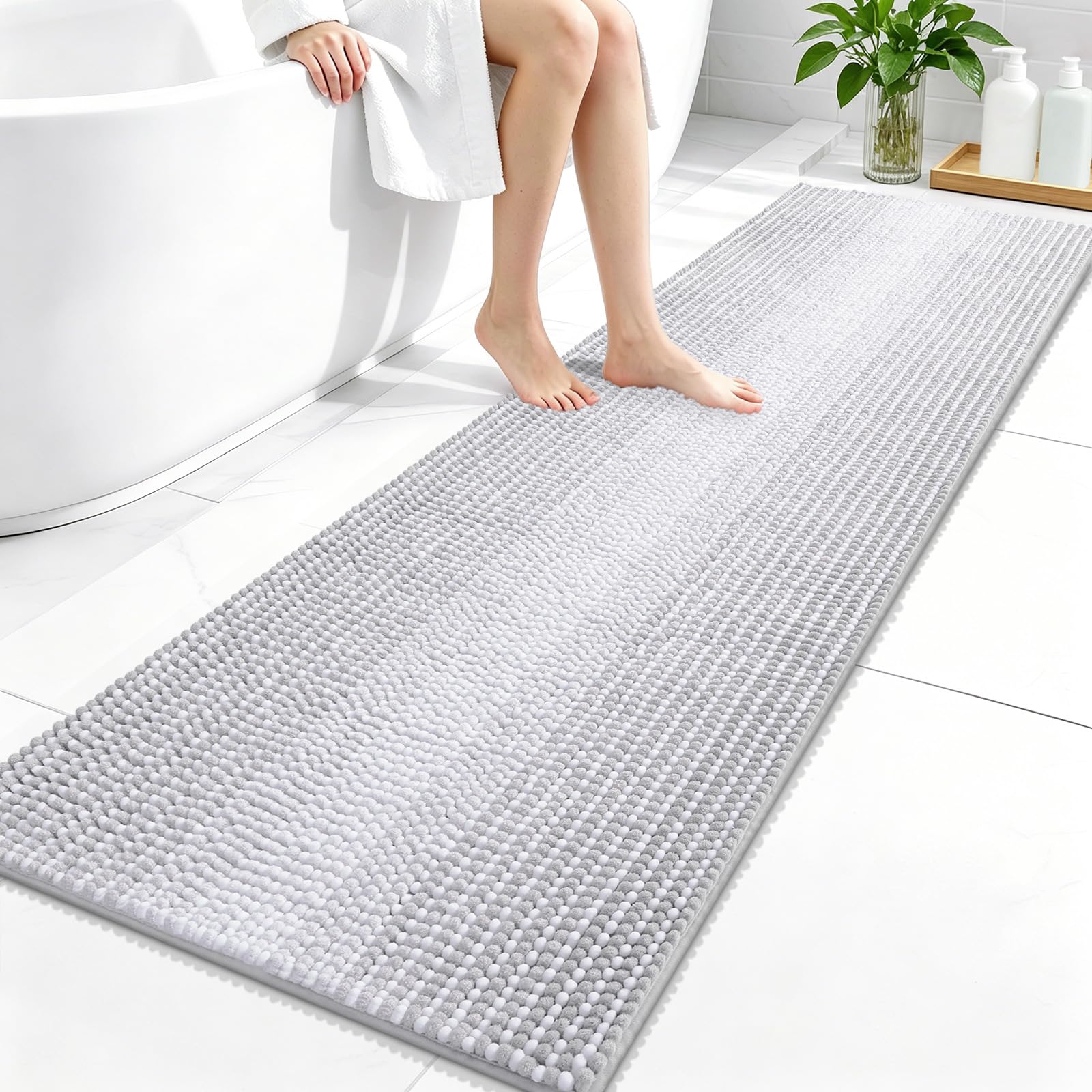 OLANLY Bathroom Runner Rugs 59x20, Chenille Striped Bath Rugs, Light Grey