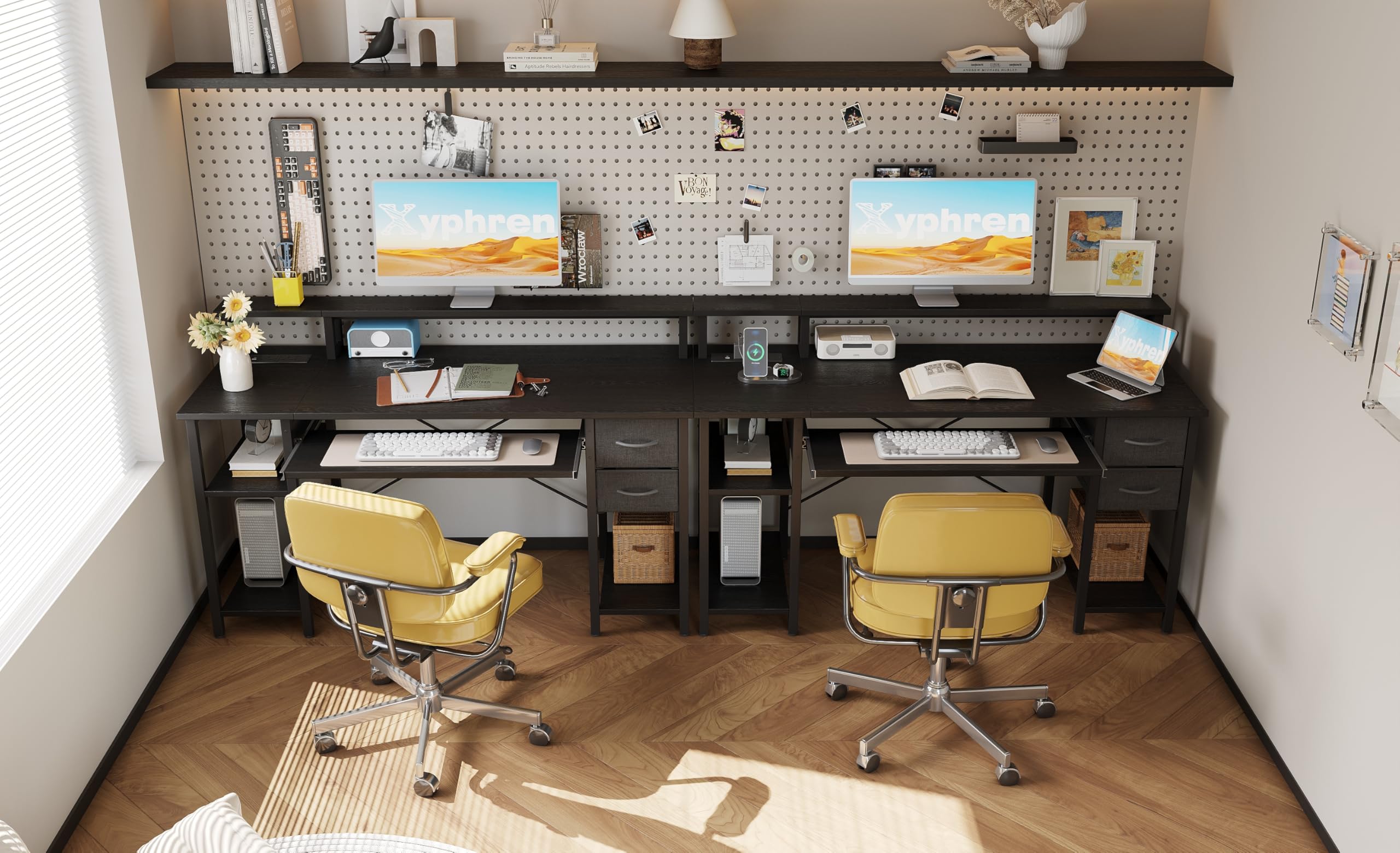 Scrivania con 2 cassetti, 120 x 50 cm, tavolo da gioco con ripiano per tastiera, ripiano laterale regolabile in altezza, supporto per monitor e presa per casa, ufficio e soggiorno, nero