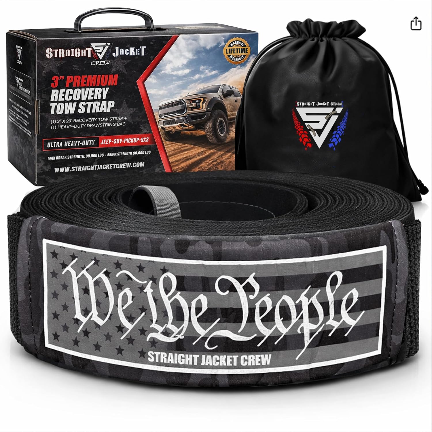 3" X 20' Heavy Duty Tow Strap - 30,000 Lb Break Strength Recovery Strap for Truck, SUV, Jeep & Off-Road Use | Reinforced Loops, Abrasion Sleeve & Carry Bag Included.