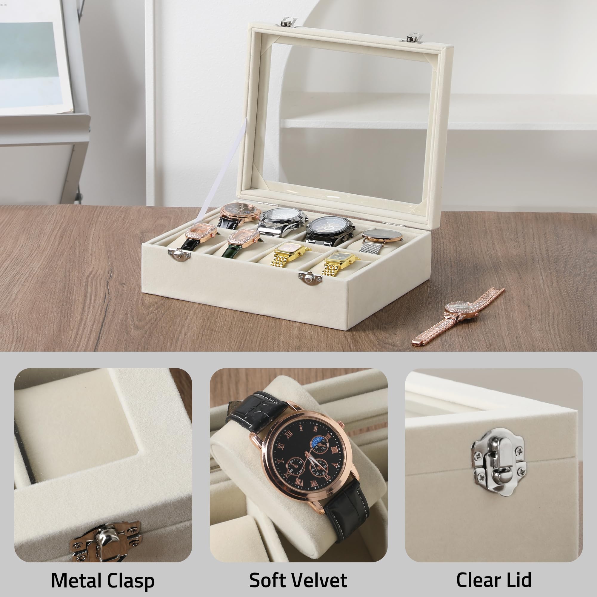 Frebeauty Caja de Reloj de 4 Ranuras con Tapa de Cristal, Organizadora de Terciopelo para Hombres y Mujeres, Almacenamiento con Cerradura, Estuche de Exhibición