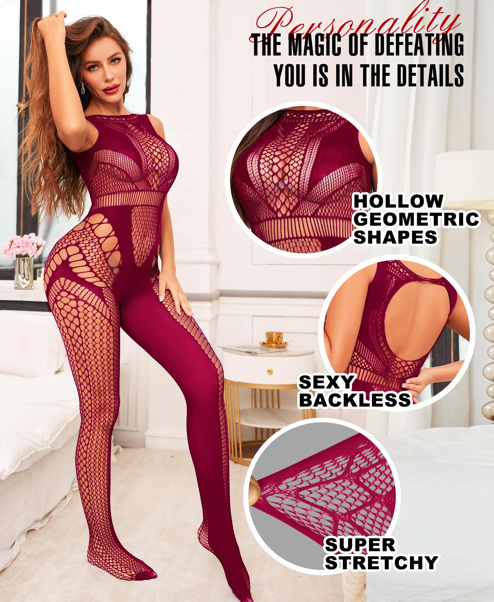 RSLOVE Sexy Lingerie Exotic Bodystocking - Fishnet Cut Out Lingerie Mesh Bodysuit One Piece Babydoll Rave Outfits: One Size Wine Red