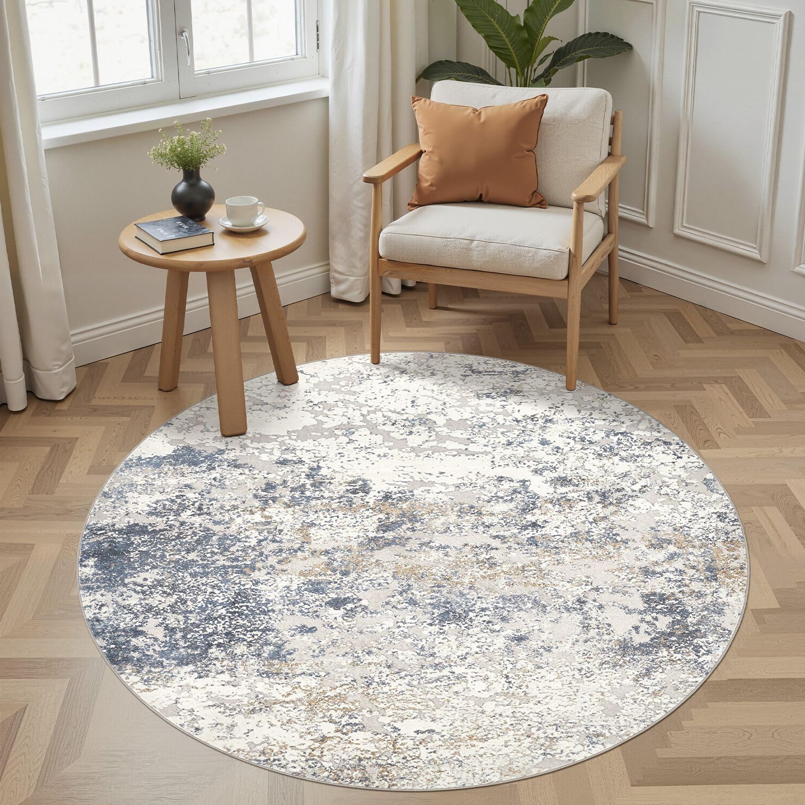 DMOYEST Round Area Rug Living Room Rugs - 135 x 135 cm Washable Large Soft Indoor Neutral Modern Abstract Low Pile Rug Carpet for Bedroom Dining Room Farmhouse Home Office - Beige Blue โ image 1