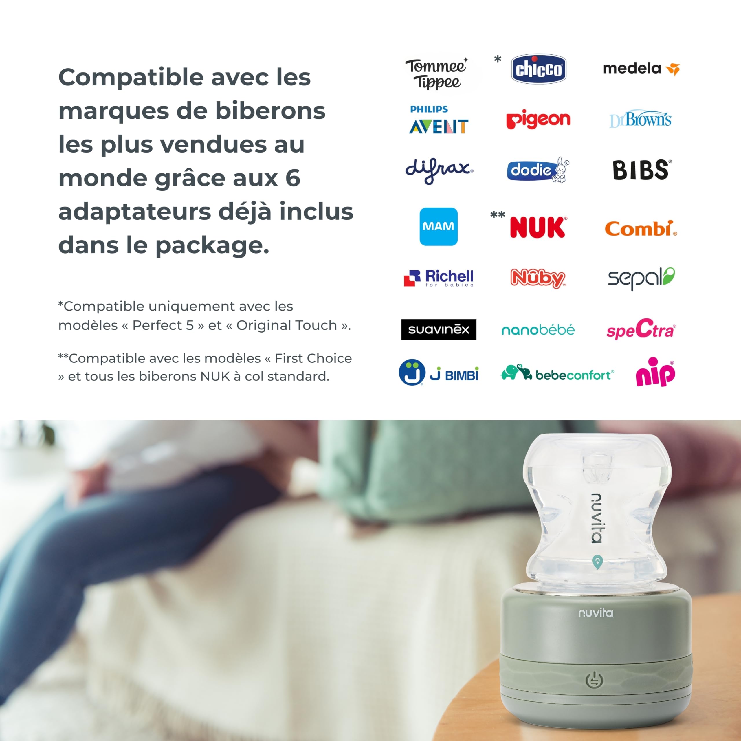 Nuvita 1166 Warm70 Chauffe-biberon Portable Sans Fil 70°C – Rechargeable USB, Compatible Universel avec 6 Adaptateurs, 5 Niveaux de Température Jusqu’à 70°C, Chauffe Rapide en 2,5 Min