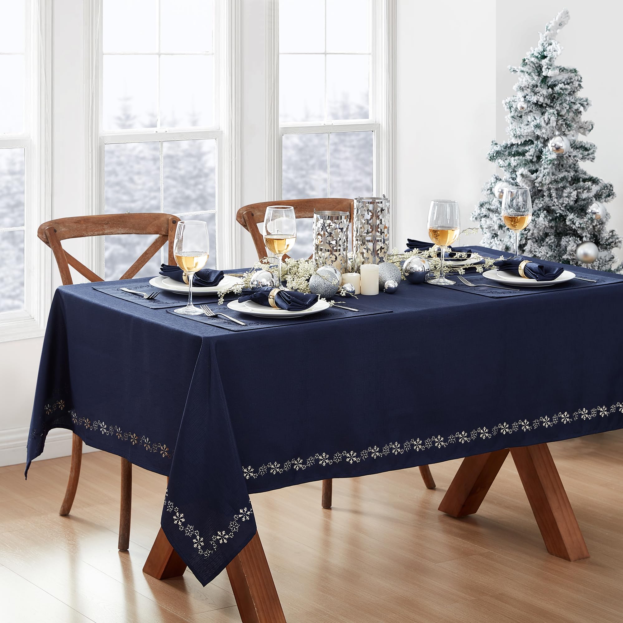 Elrene Home Fashions Snowflake Laser Cut Holiday Fabric Tablecloth, 60"x120" Rectangle, Snowflake Blue