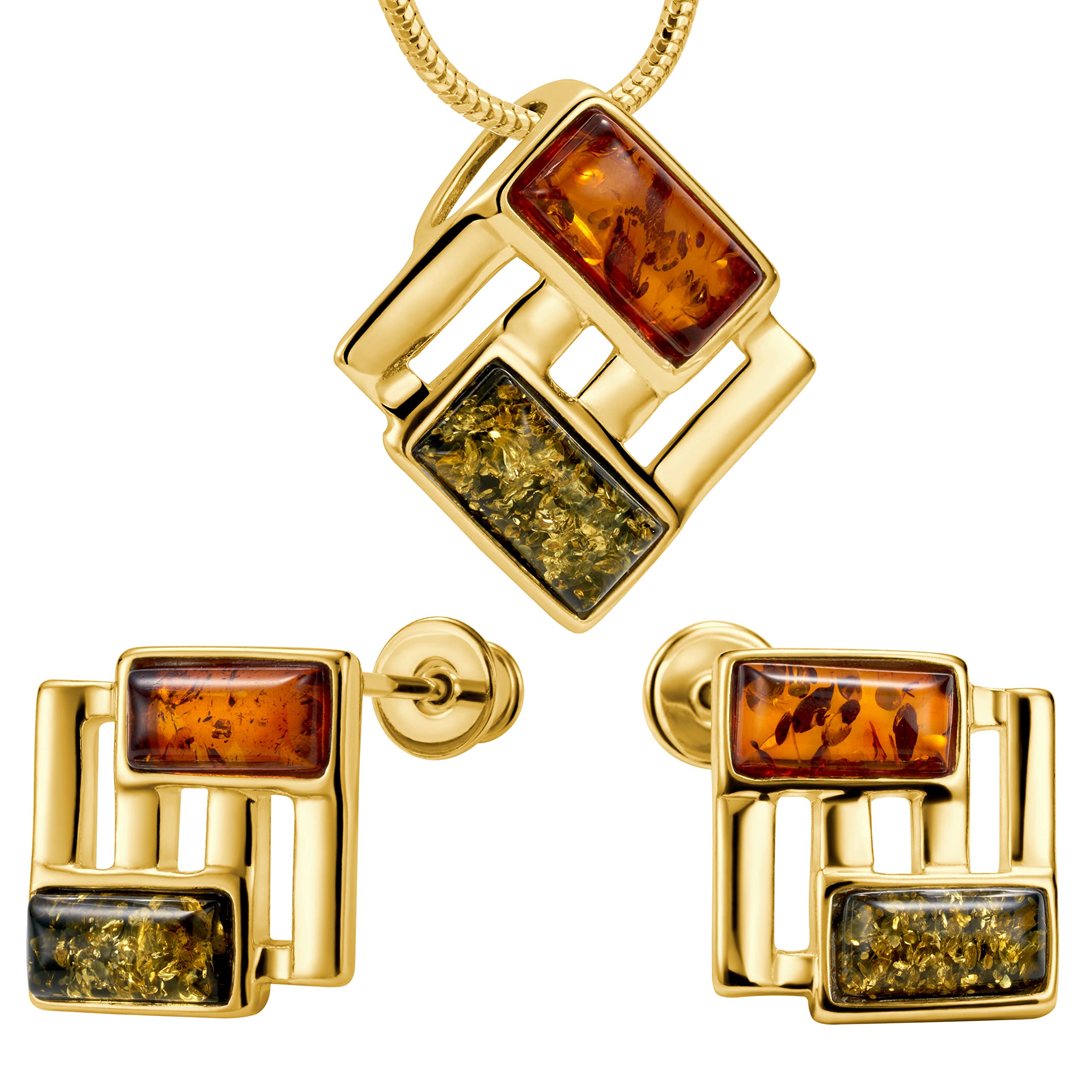 Copal Damen Bernstein Schmuckset Silber 925 Goldplattiert Mit Bunt Anhänger