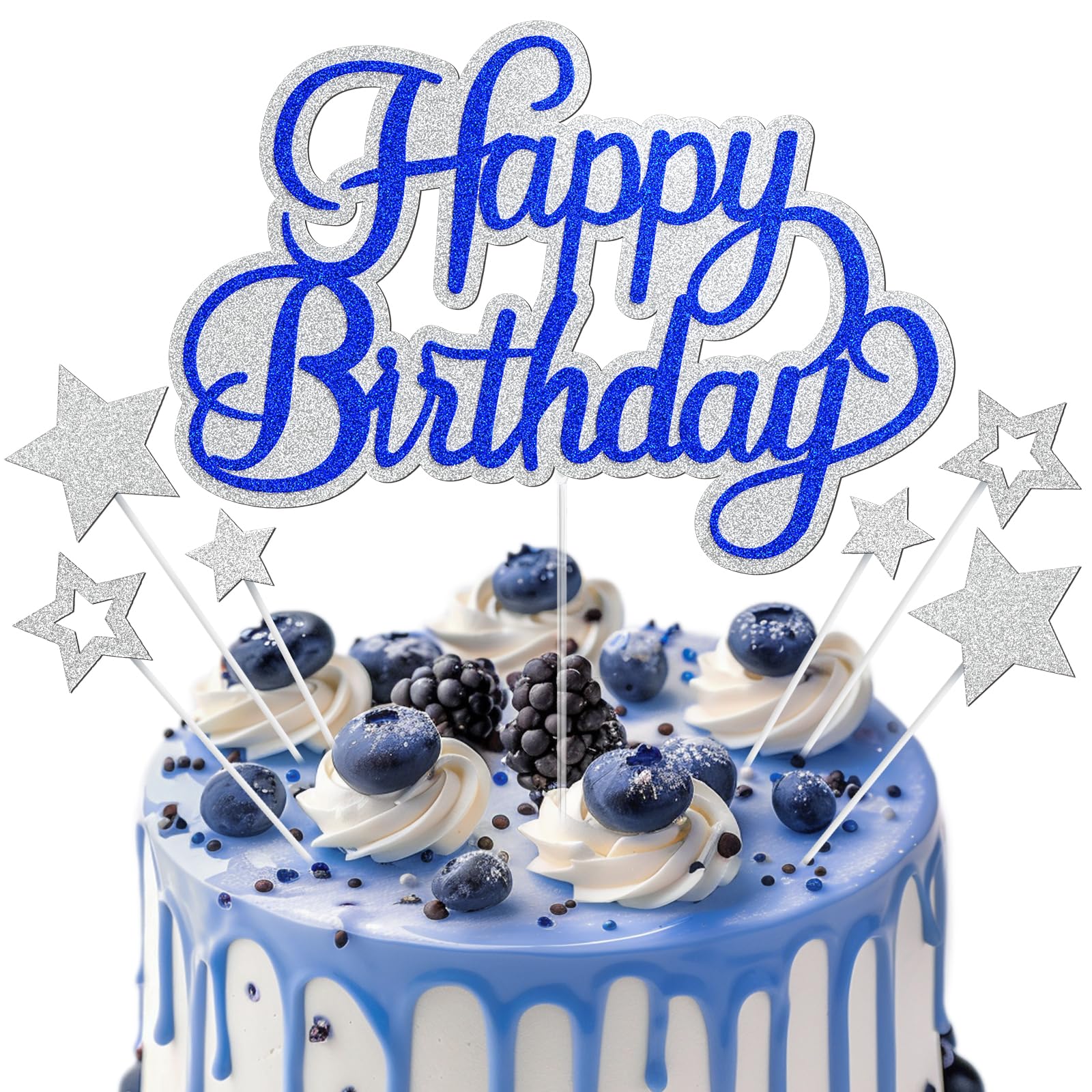 OffiCreative Happy Birthday Cake Toppers, Silver Blue, 7 Pieces, Glitter Cake Decorations for Boys Girls