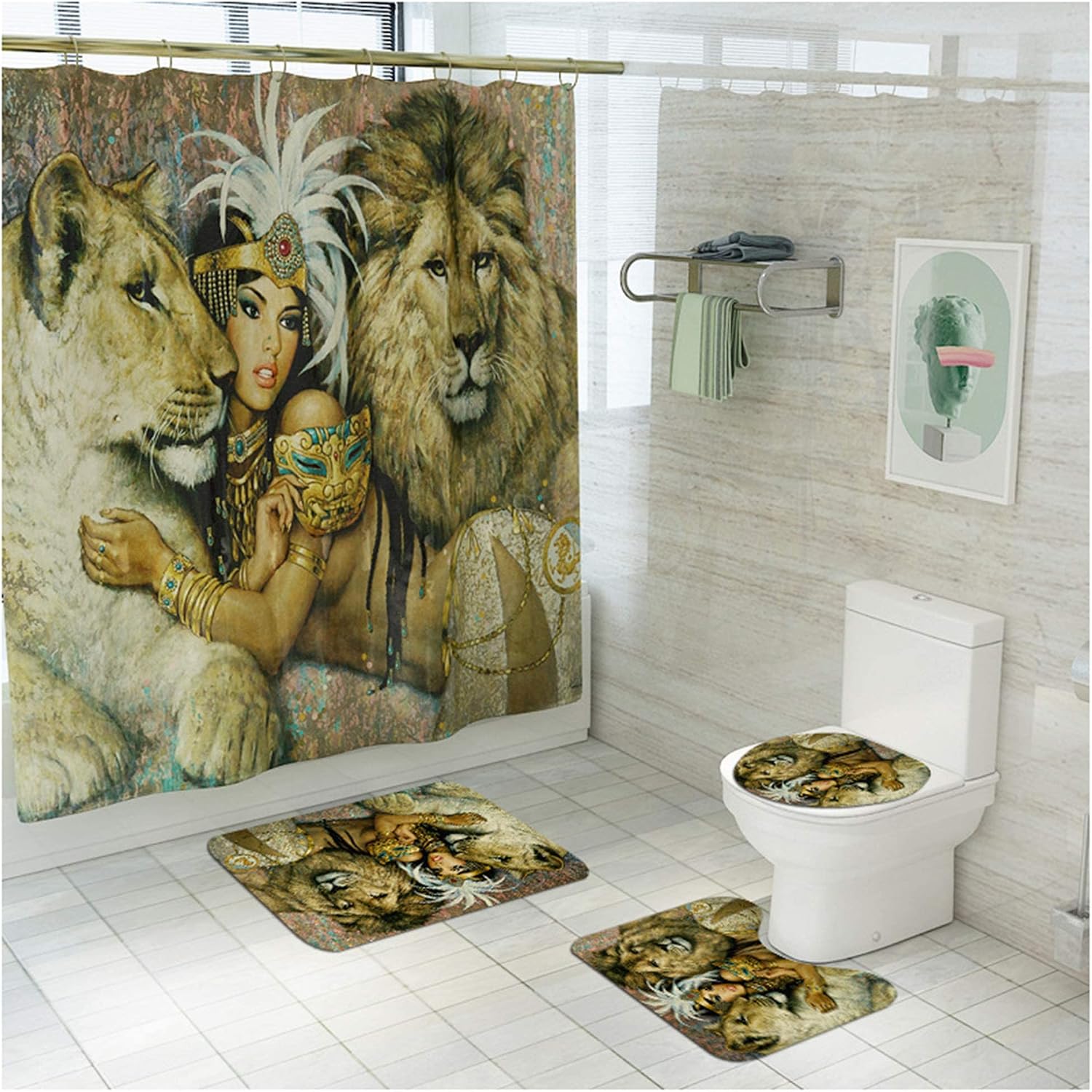 16 Pcs Shower Curtain Sets with Rugs Waterproof Fabric Bathroom Curtains Bath Rugs Toilet Mat Toilet Lid Rug with 12 Hooks Elephant Lion Tiger Bathroom Accessories 10 (3)