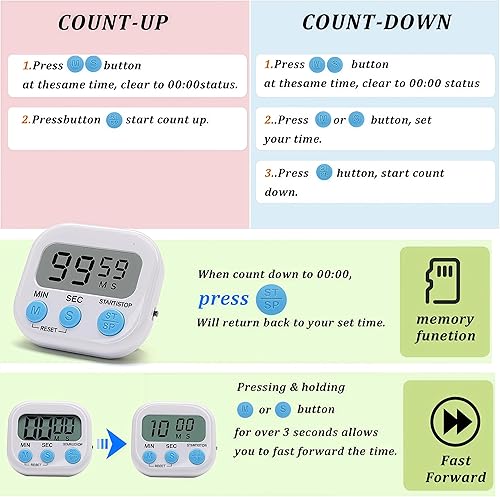 Miniatura 5 de Paquete de 16 temporizadores electrónicos multifunción, temporizador de cocina, temporizadores digitales magnéticos, pantalla LCD grande,