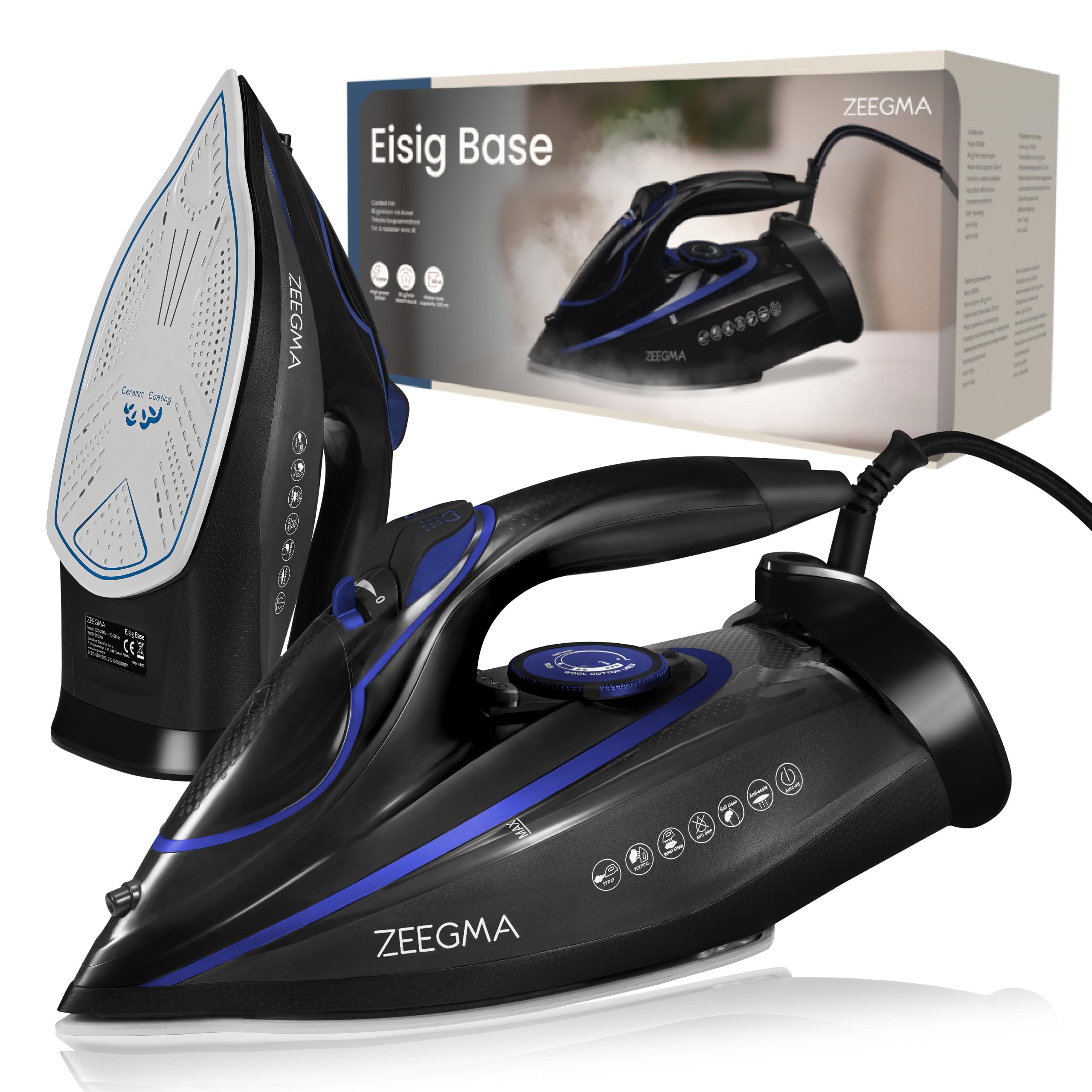 ZEEGMA EISIG BASE Plancha con Cable 3100 W con Revestimiento Cerámico, Planchado a Vapor y en Seco, Salida de Vapor de hasta 40 g/min, Depósito de 320 ml Autolimpieza, Anti-Drip y Anti-Calc