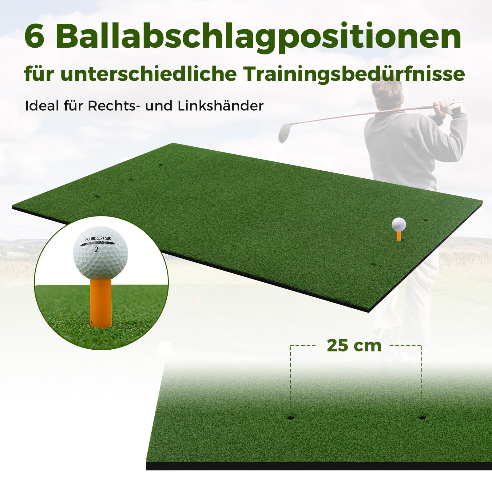 FANTASK Alfombrilla de Golf para práctica de Golf, Incluye 2 Tees de Goma y 2 Barras de alineación, 6 Posiciones de Descuento (152 x 117 cm, 25 mm), Color Verde