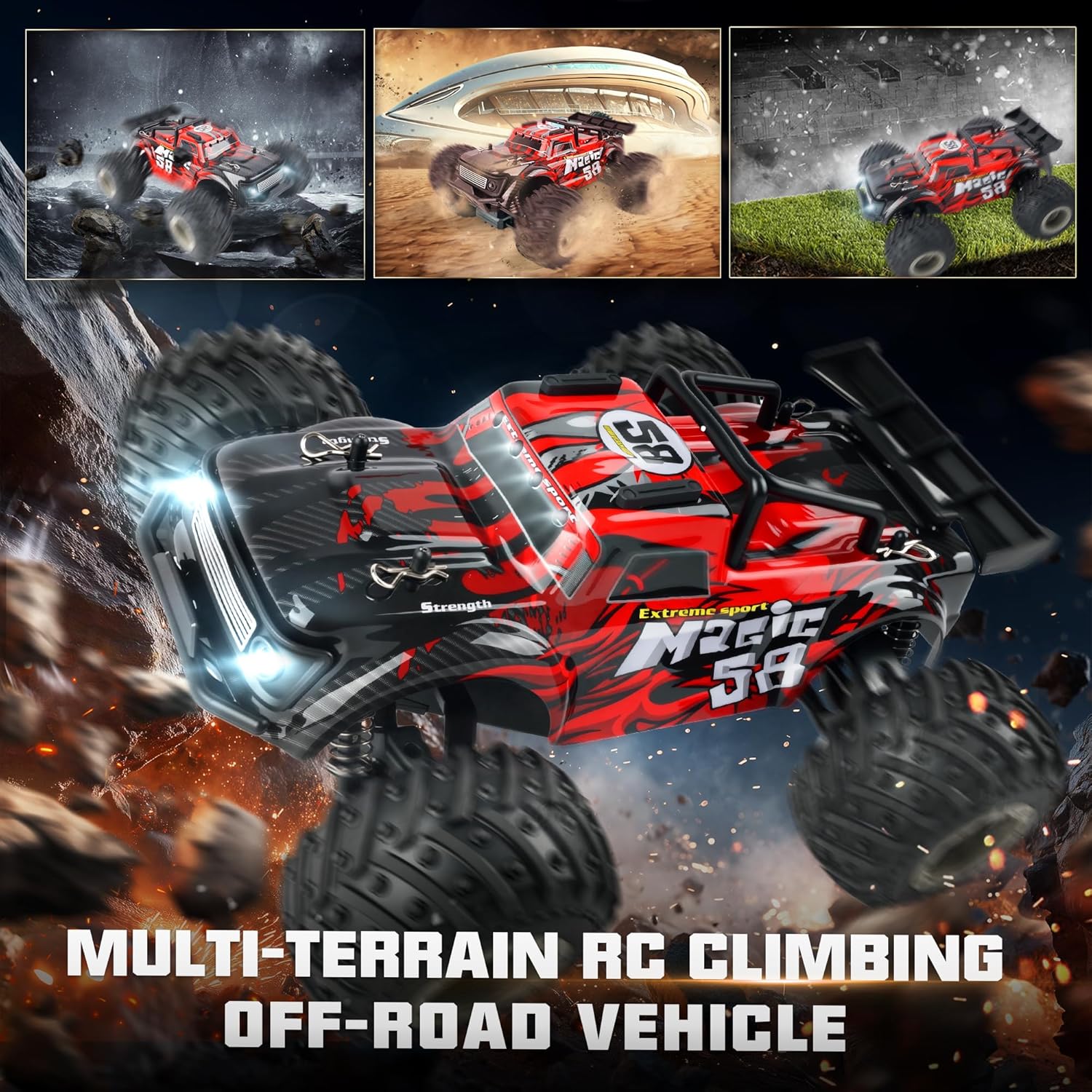 BEZGAR Remote Control Monster Truck, 1:18 Scale All Terrain RC Truck, 2WD 20Km/h Monster Truck Toys with Light, RC Crawler for Adults, Remote Control Car for Boys