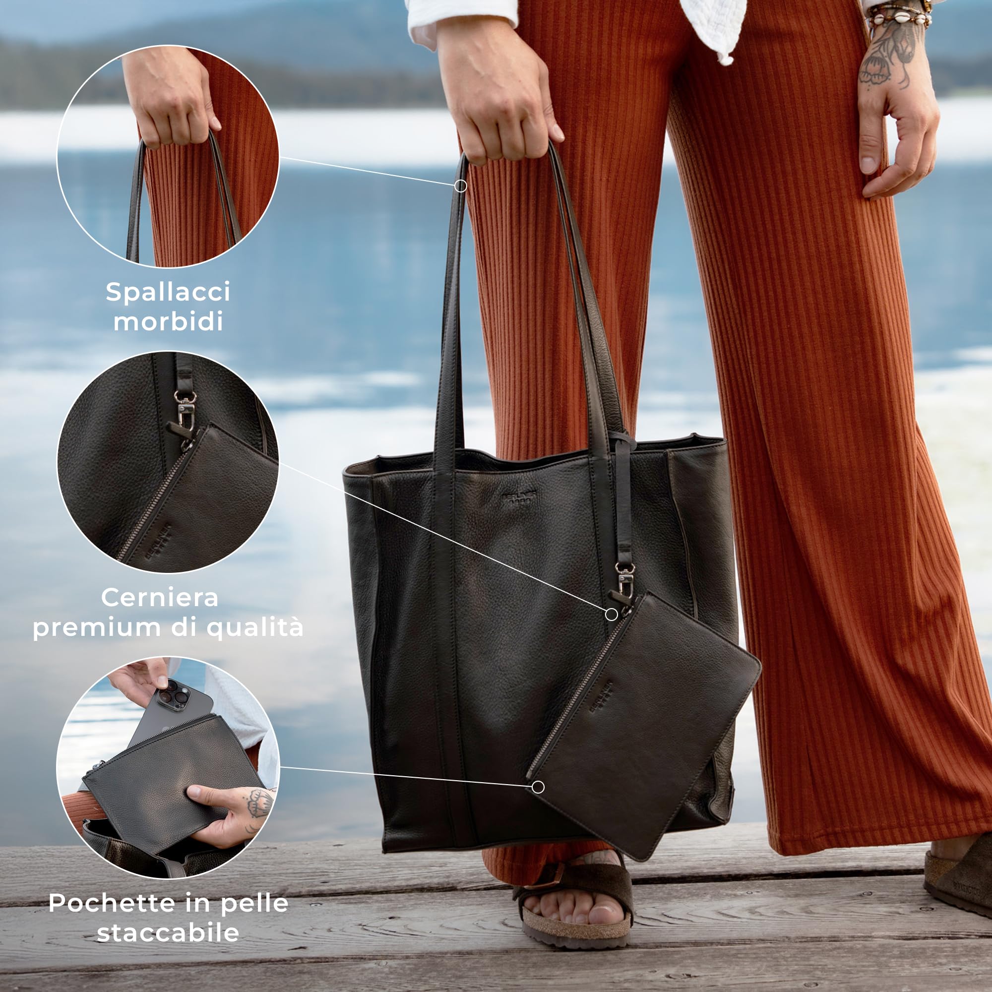 Berliner Bags Borsa Shopper a Spalla Kira in Vera Pelle, con Etui Removibile, Formato Grande per Lavoro e Tempo Libero, Donna