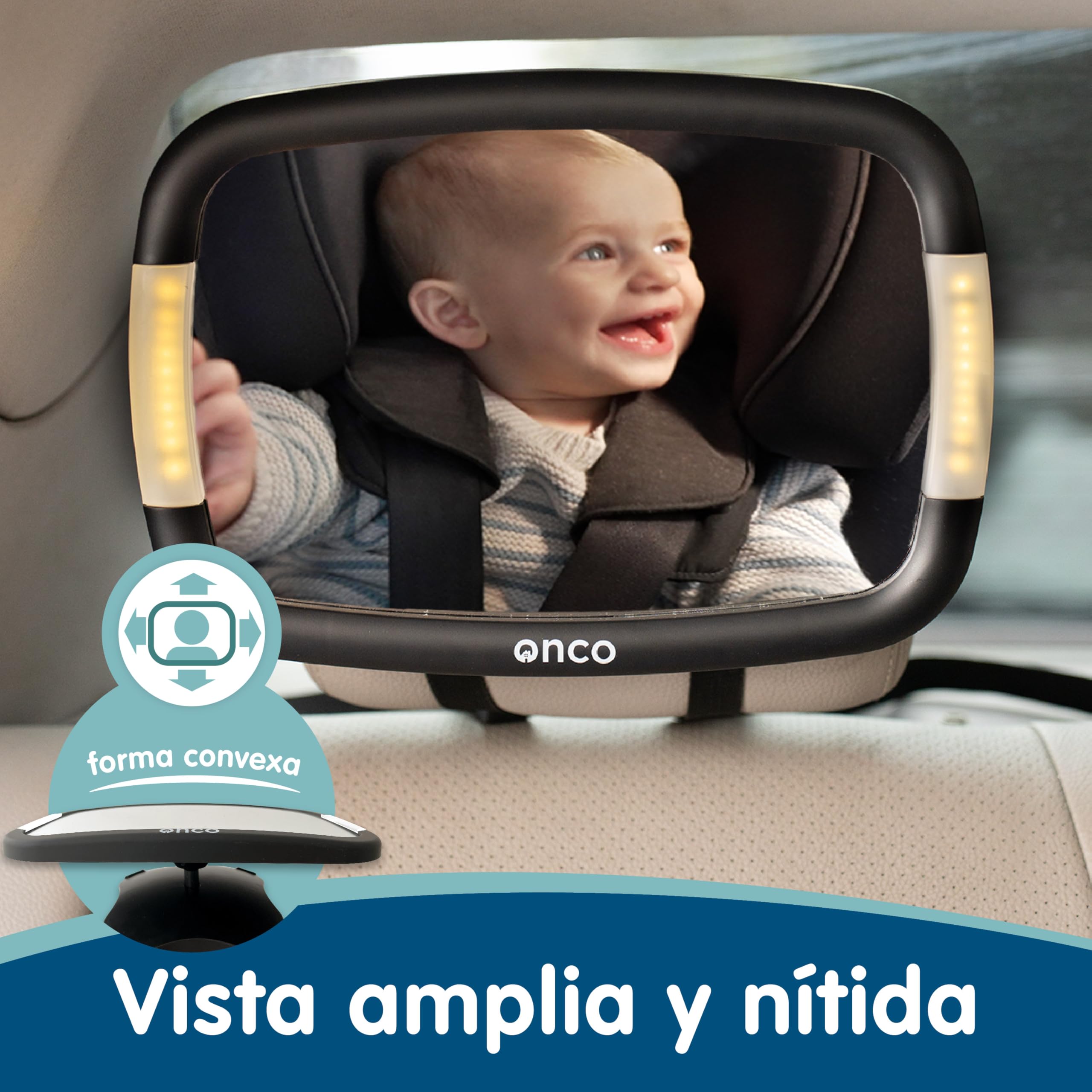 Onco Espejo Coche Bebé Con LED - 2 Modos de Luz Ambiental, 100% Irrompible, Ajuste Universal y Orientable 360°, Asiento Trasero, Retrovisor, Accesorios