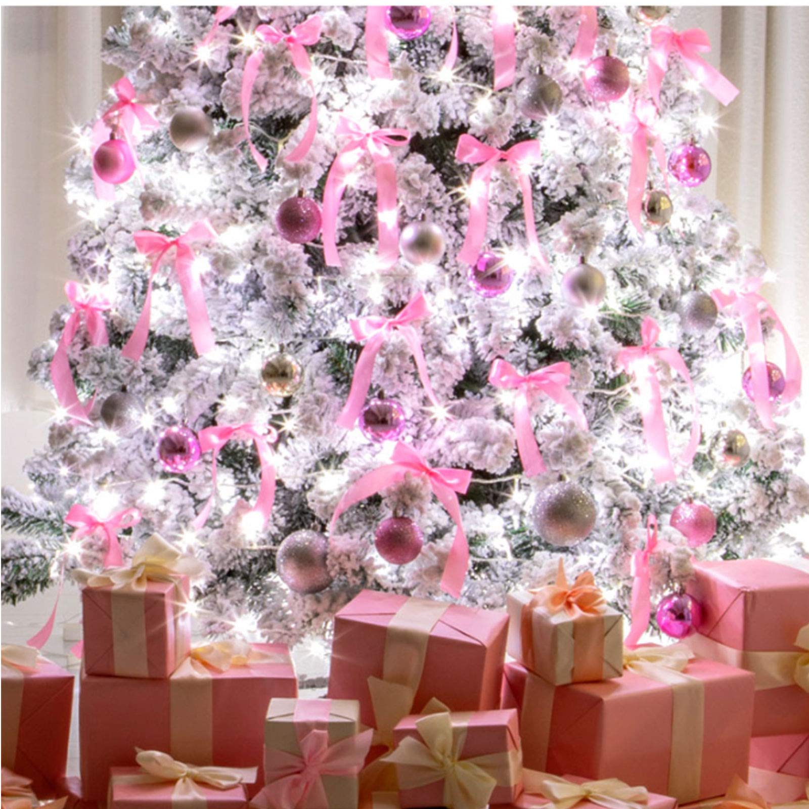 Amazon｜1.5m、18m、3m、ピンクのクリスマスツリー ホワイト植毛