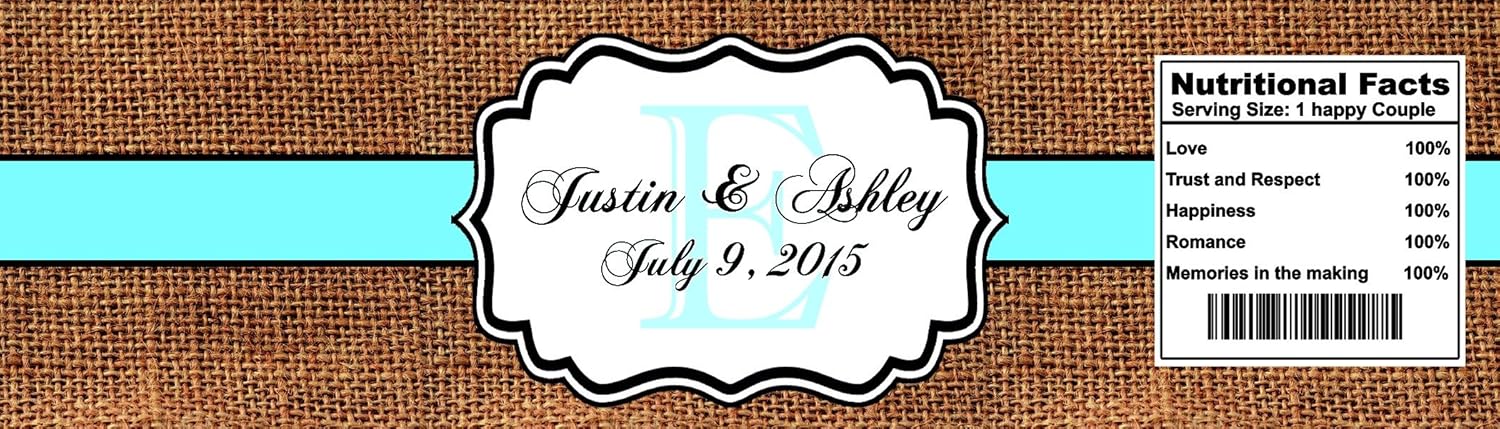 DesignThatSign 100 Burlap Pale Blue Wedding Anniversary Engagement Party Water Bottle Labels 8"x2"