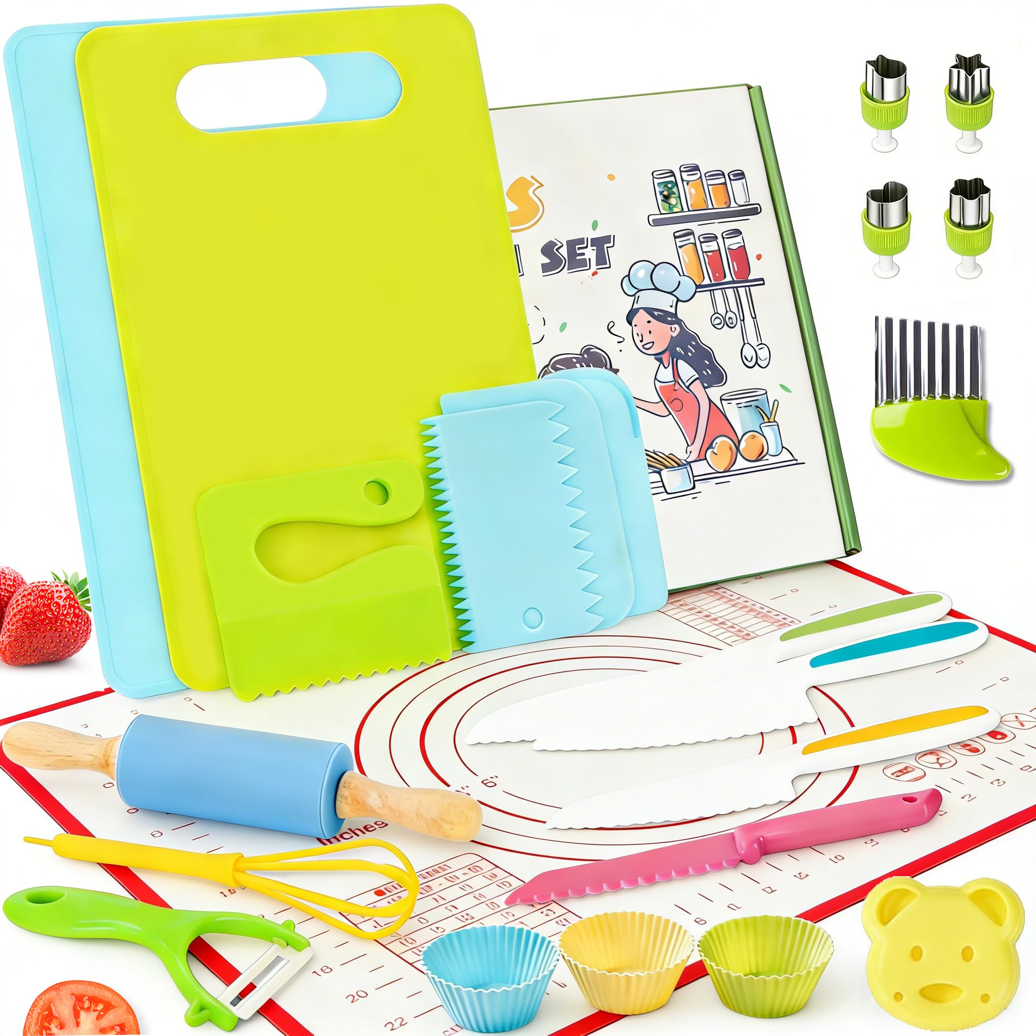 Cuchillo niños Aprendizaje, 23 Kit Cocina Montessori que no Cortadedos, Cuchillo para niños a Partir de los, Utensilios Cocina, Para Cortar Frutas Verduras o Masa (23 piezas)