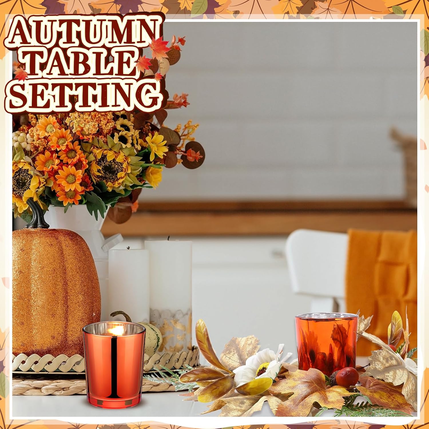 Umigy Set of 6 Fall Votive Candle Holders Thanksgiving Centerpieces Fall Candle Rings Wreaths with Glass Votive Tealight Holders for Table Decor(Maple Leaf,Gold)