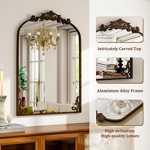 Miniatura 4 de 36"x 24" Arched Bathroom Mirror, Wall-Mounted Mirror with Carved Metal Frame & Bottom Art Carved, Vanity Mirror for Home Decor, Hanging Wall Mirror