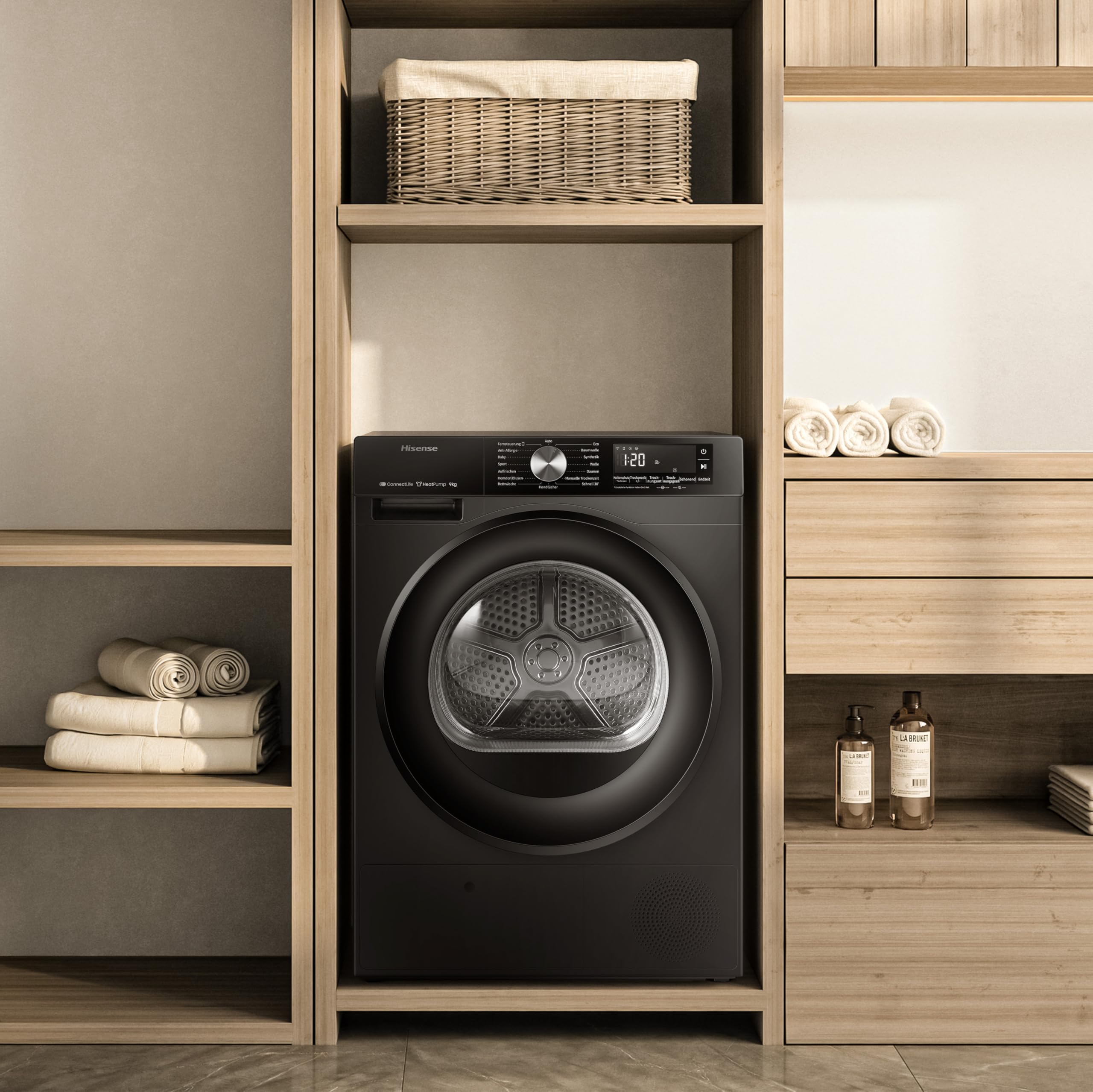 Hisense DH3S902BBCC Kondenstrockner mit Wärmepumpe / 9KG / 16 Programme/ConnectLife/Autodry/QuickDry/Allergie-Pflege/Auffrischen/TwinAir/DelayEnd/Feuchtesensor/EEK: C/Schwarz
