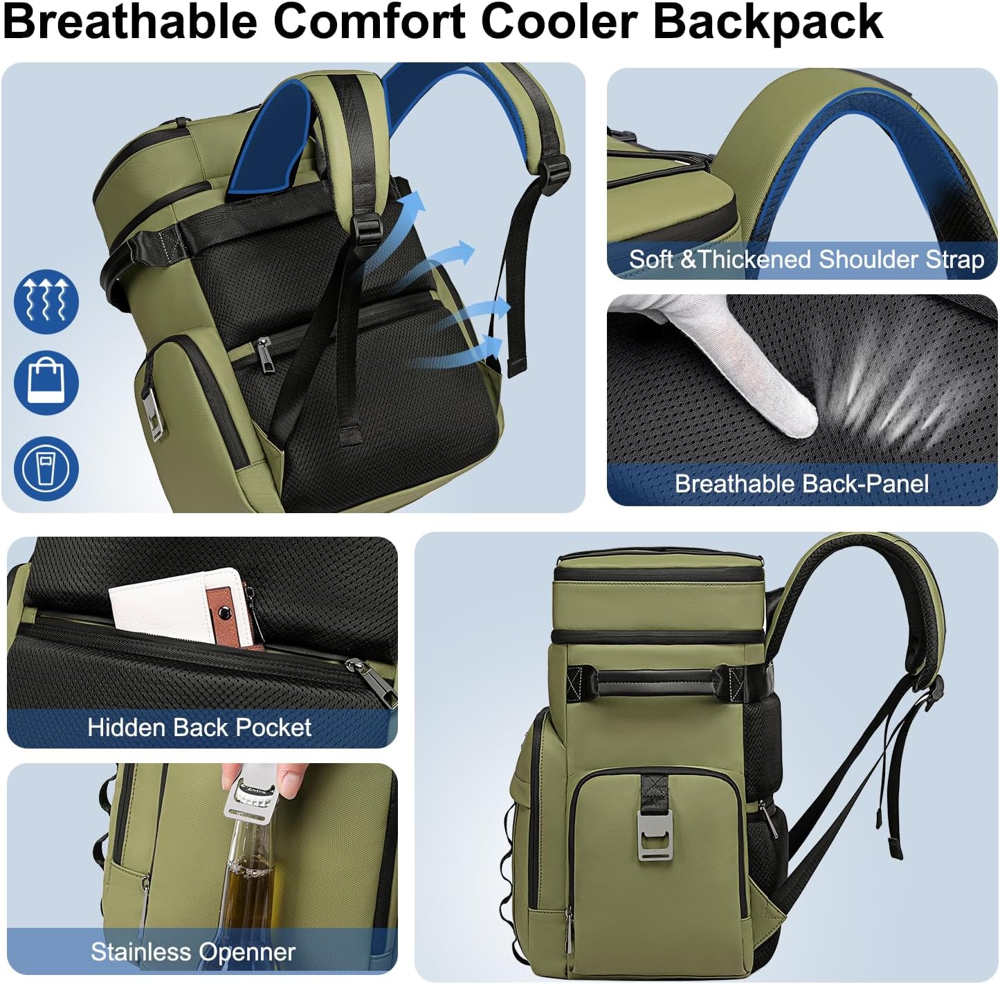 Weitars Insulated Cooler Backpack,Double Deck Waterproof Soft Cooler Bag,Backpack Coolers Leak Proof Lunch Backpack for Men Women for Travel,Camping,Picnic,Beach,Picnic,Outdoor 31L/52 Can - Image 5