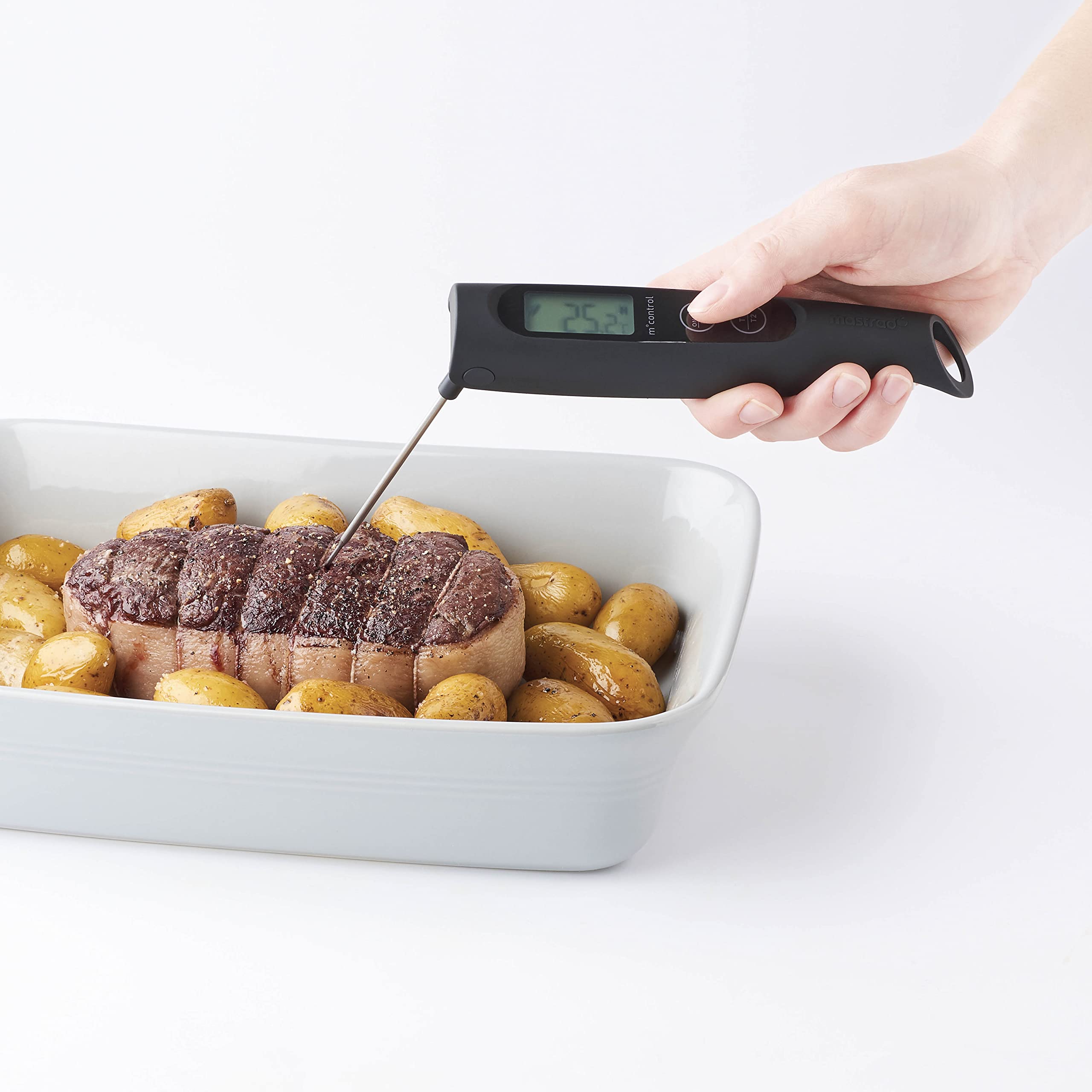 MASTRAD F74401 - Termometro da cucina m° control – Doppi sensori termocoppia di tipo K – Temperatura superficiale & A Cuore – Schermo Retroilluminato – Compatibile con tutte le luci – Batteria AAA