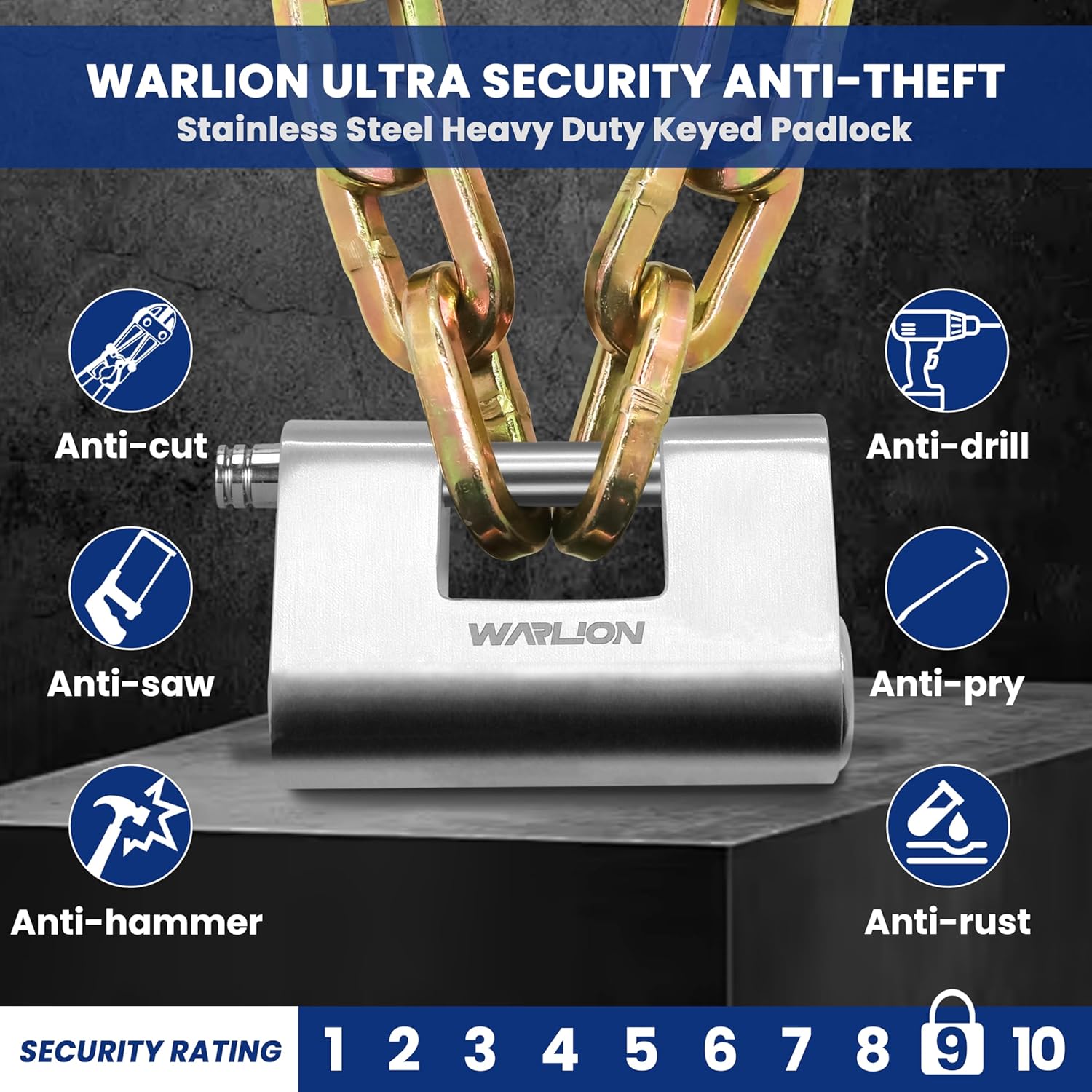 WARLION Ultra Secure Heavy Duty Solid Stainless Steel Lock with 4 Keys & 7/16" Uncuttable Shackle – Weatherproof Multi-Use Padlock for Container, Warehouse, Shed, Gate & 2-Wheeled Vehicles (No Chain)