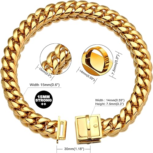 Miniatura 2 de Collar de cadena para perro, acero inoxidable de oro de 18 quilates, cadena de eslabones cubanos de metal fuerte resistente a prueba de mordidas,