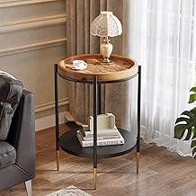 TRIBEWOOD 2 Tier Round End Table, Solid Wood and Metal End Table, Industrial Bedside Table for Small Spaces, Living Room, Bedroom, Study (Rustic Brown, 1 Pack)