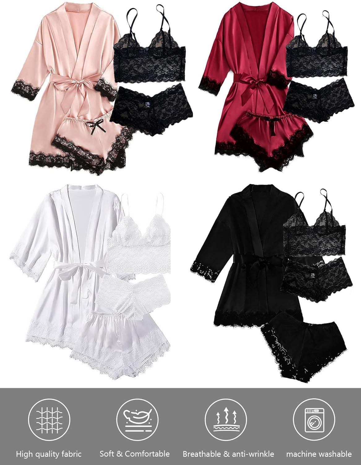 Hellomamma Silk Pajama Sets for Women: Satin Sexy Lingerie 4 Piece Sleepwear Cami Lace Pjs Set with Robes - Image 5